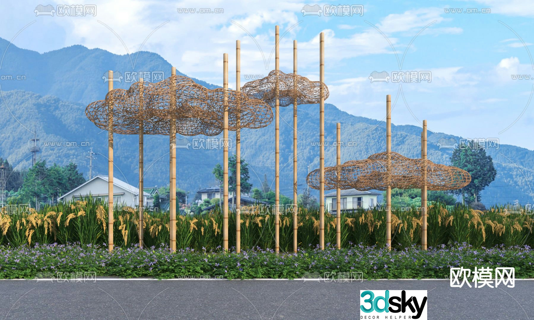 Rice field landscape pastoral sculpture outdoor sketch 3D model