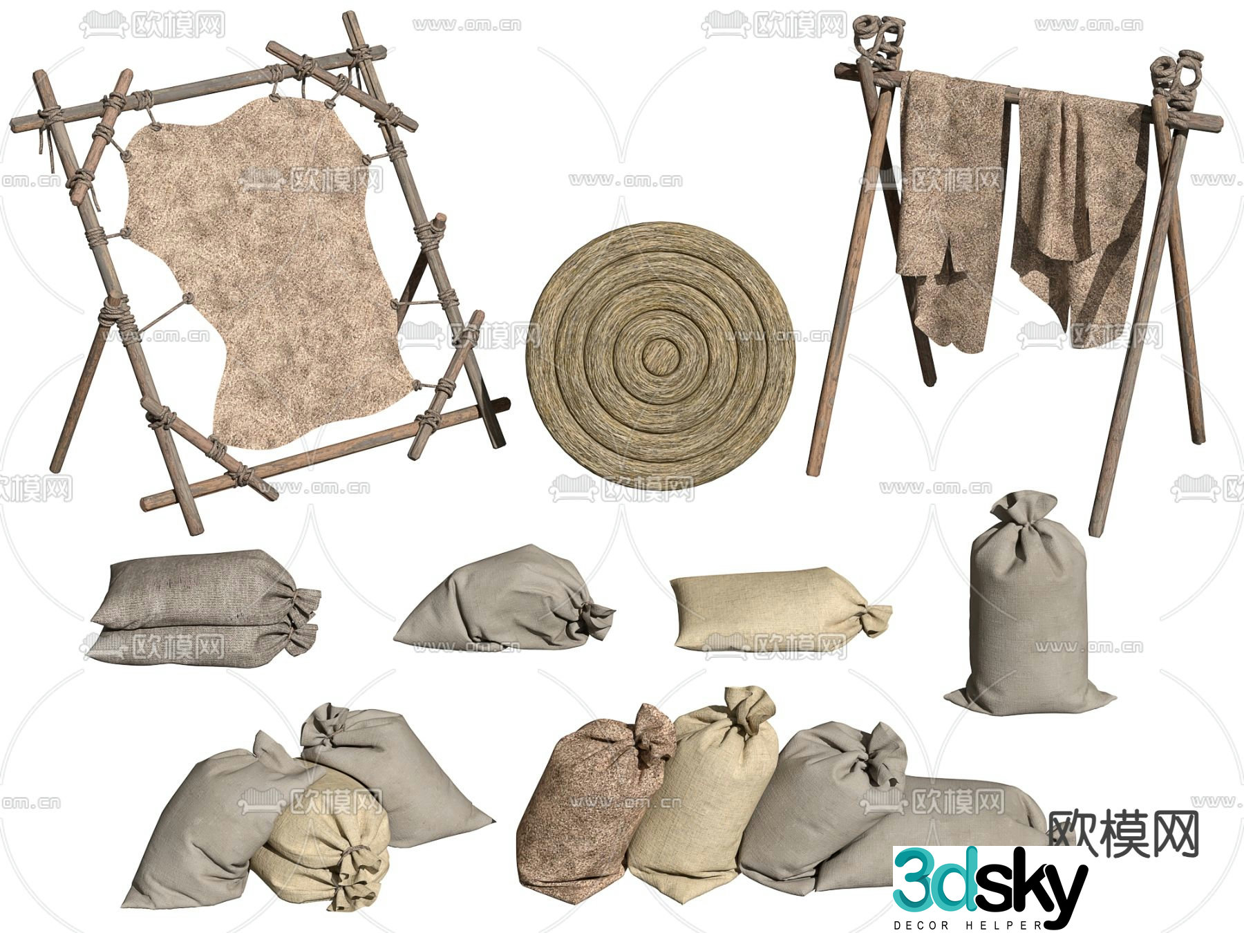Farming sketches farm tools sandbags sacks 3D model