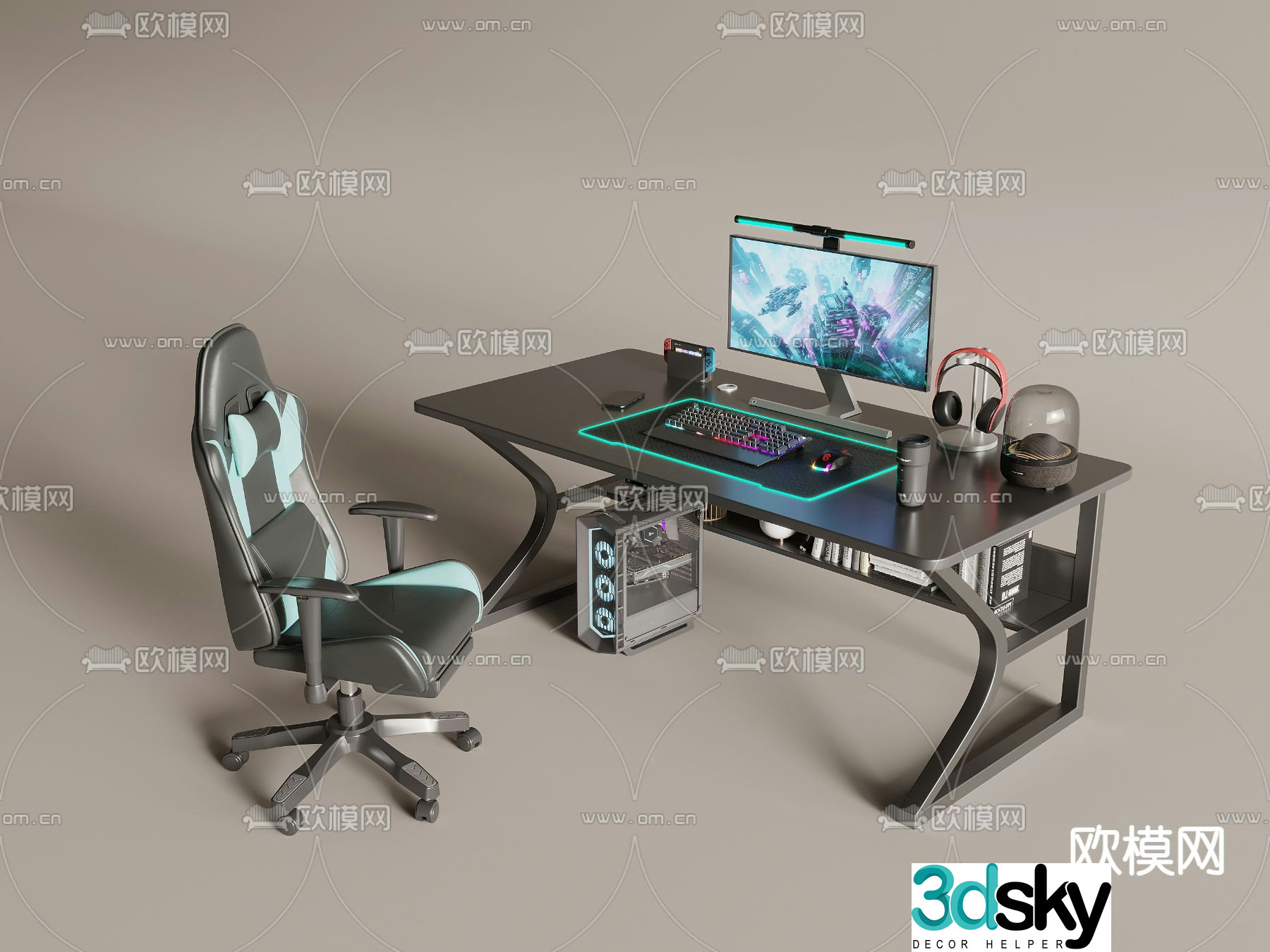 Gaming table computer equipment gaming chair 3d model