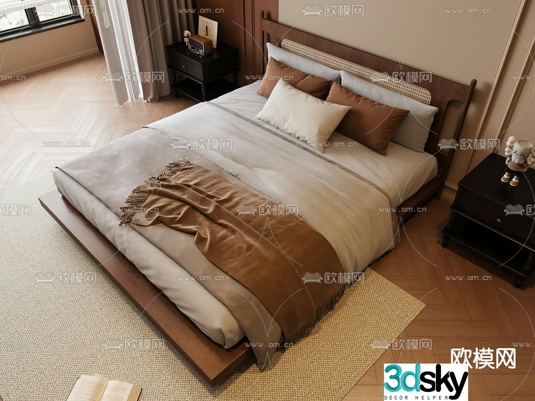 Wabi-sabi style double bed commercial bed 3d model