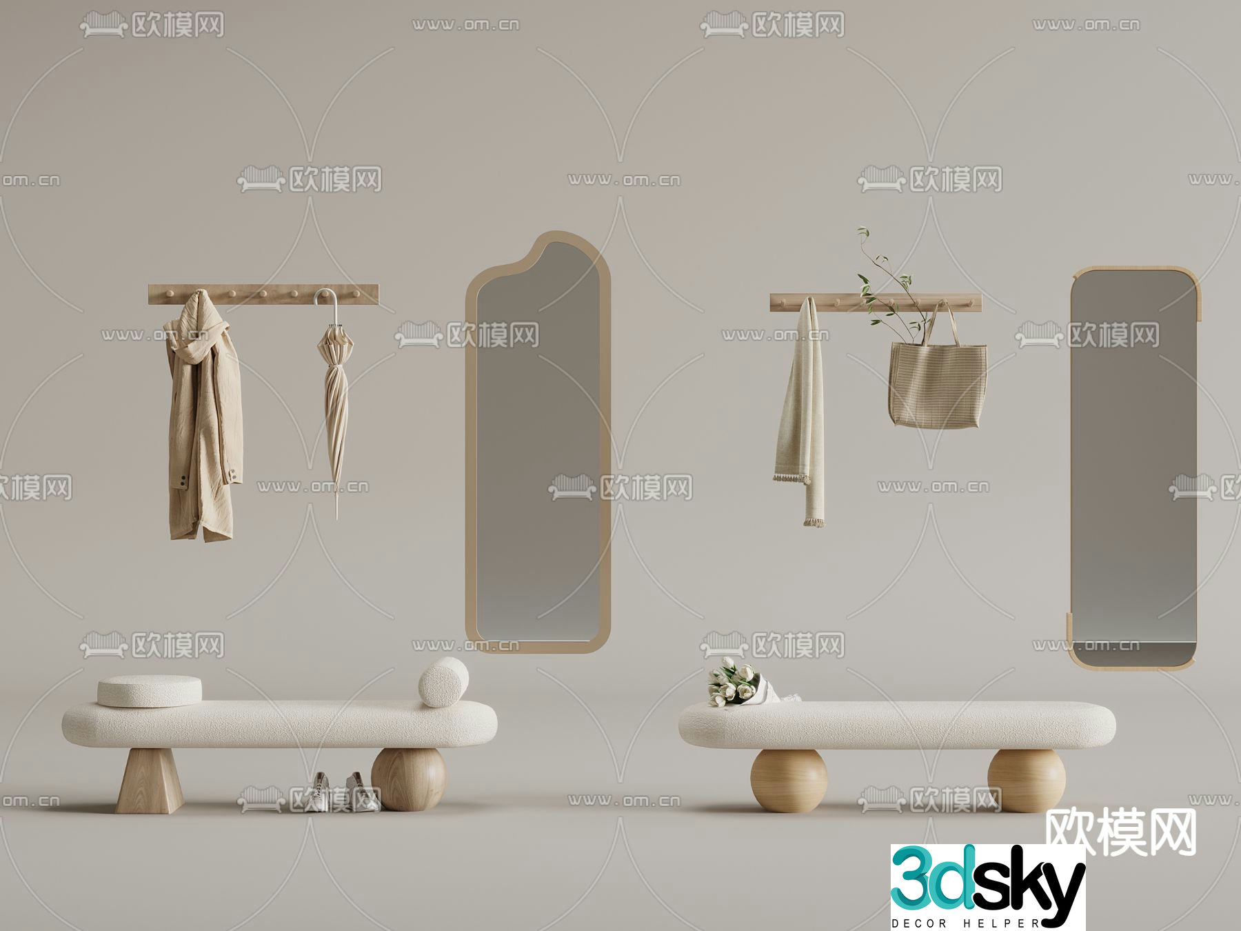 Stool Sofa Stool Shoe Change Stool Decorative Mirror 3D Model