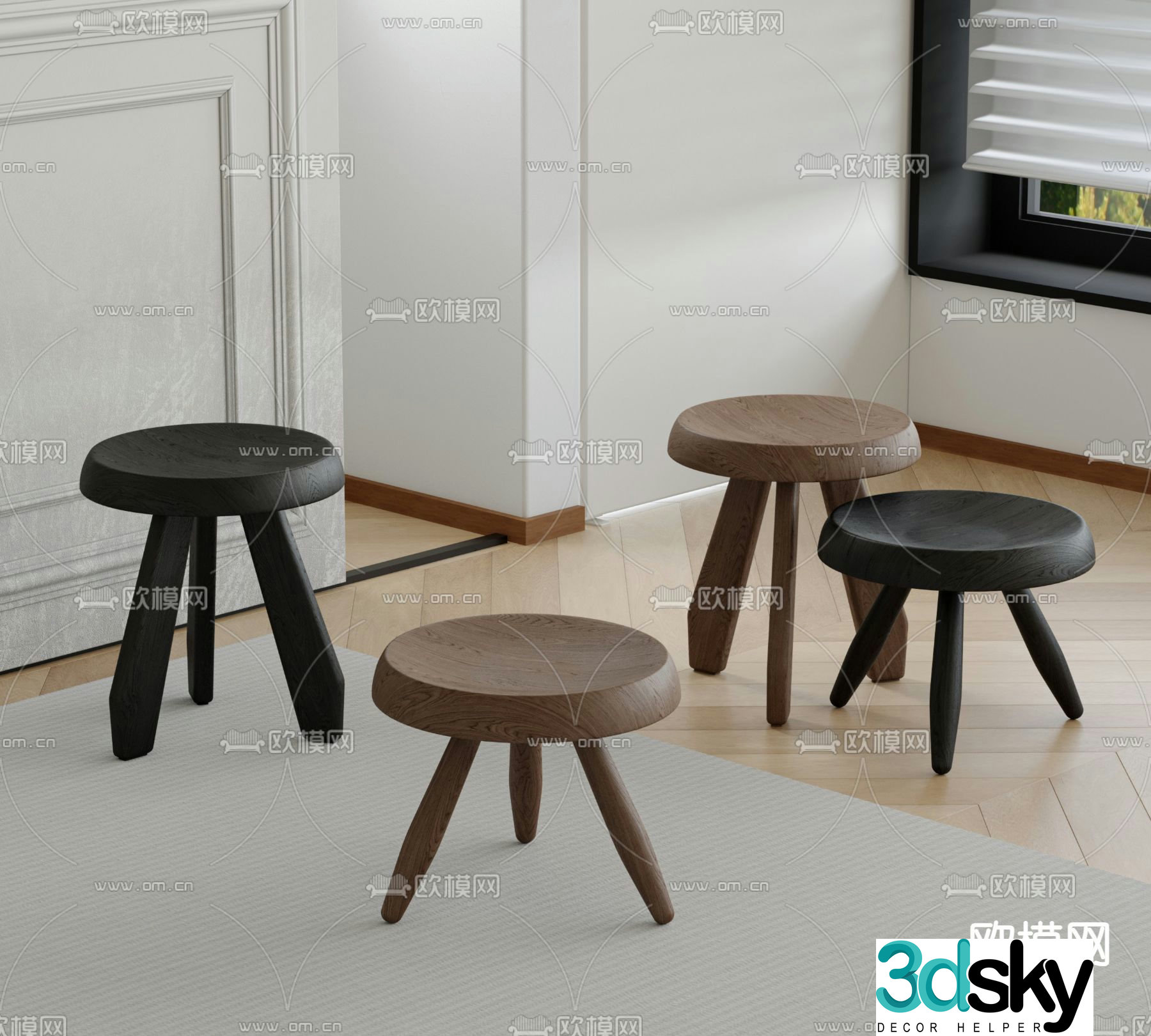 Nordic stool round stool wooden stool low stool 3d model