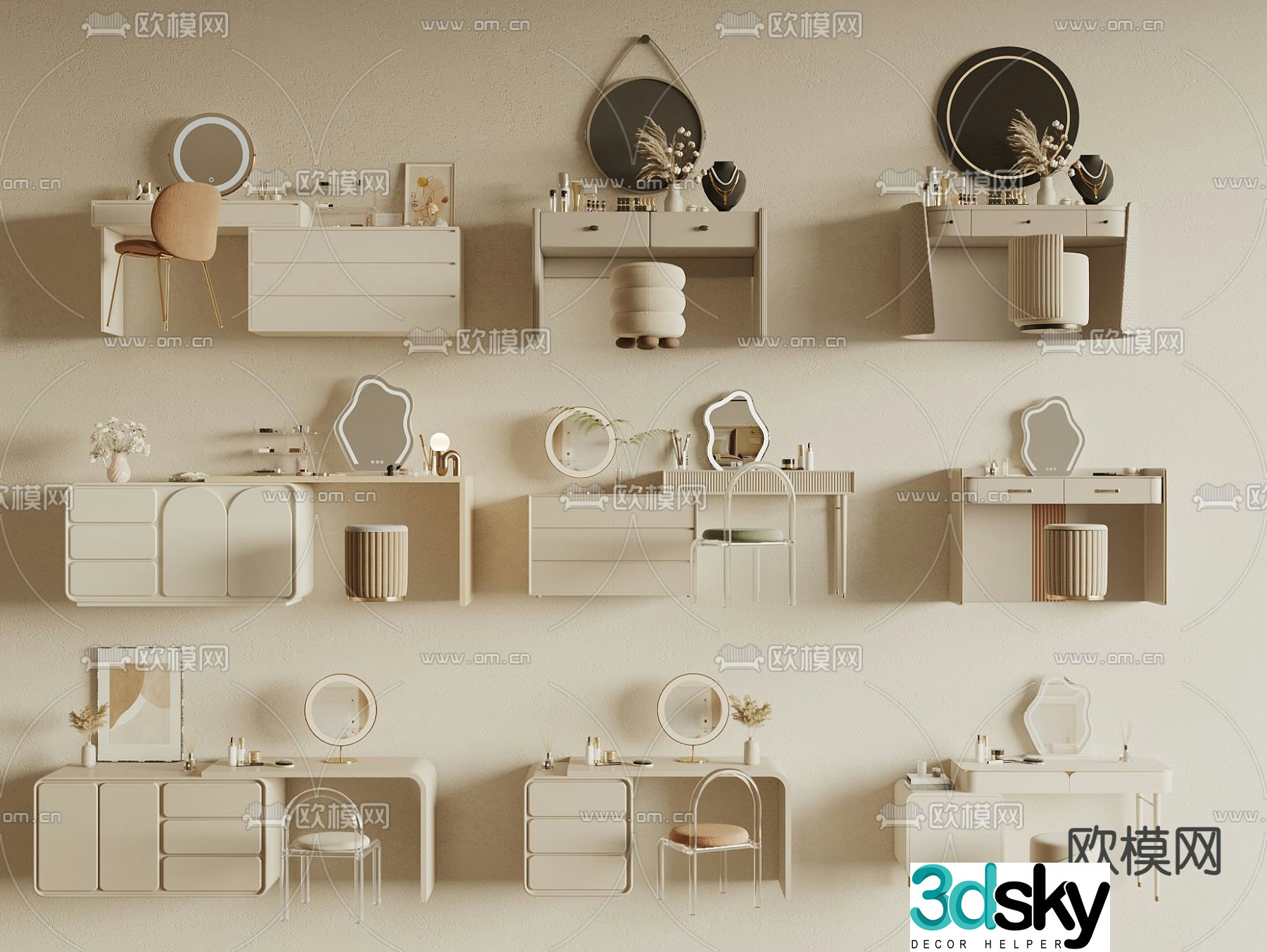 Cream style dressing table dressing table 3d model