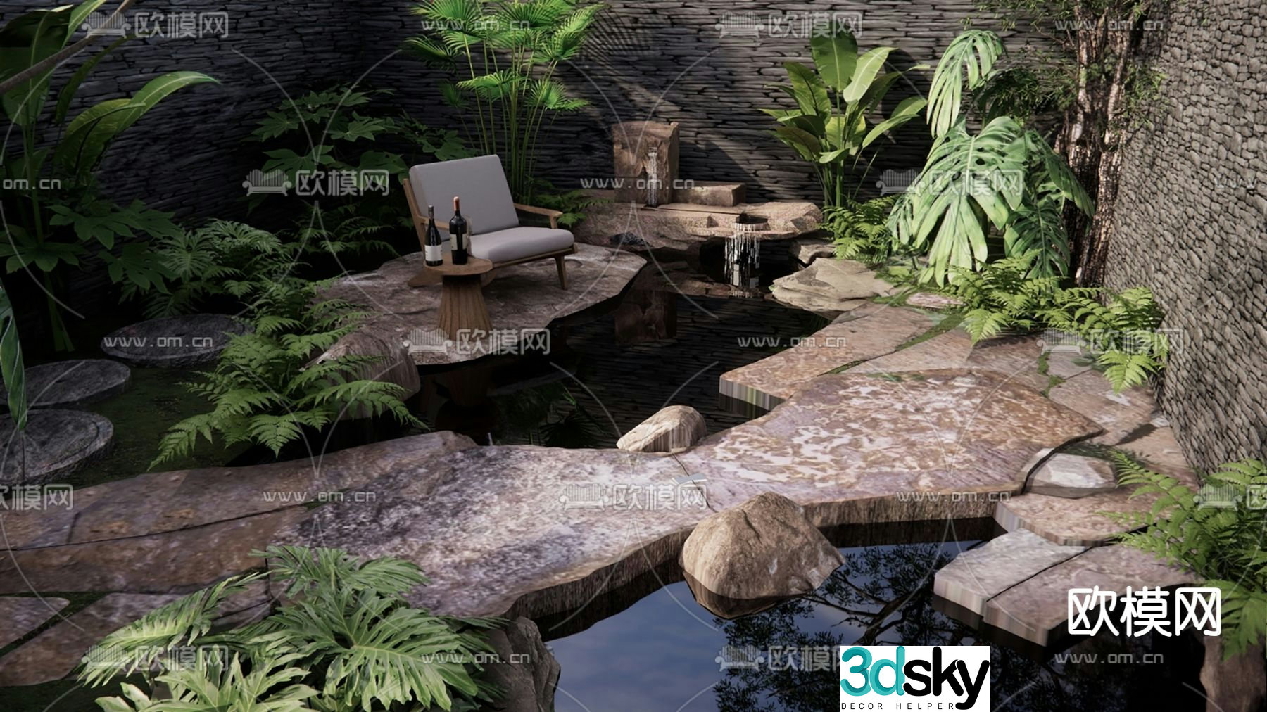 Overlapping water landscape plunge pool plant landscaping 3D model