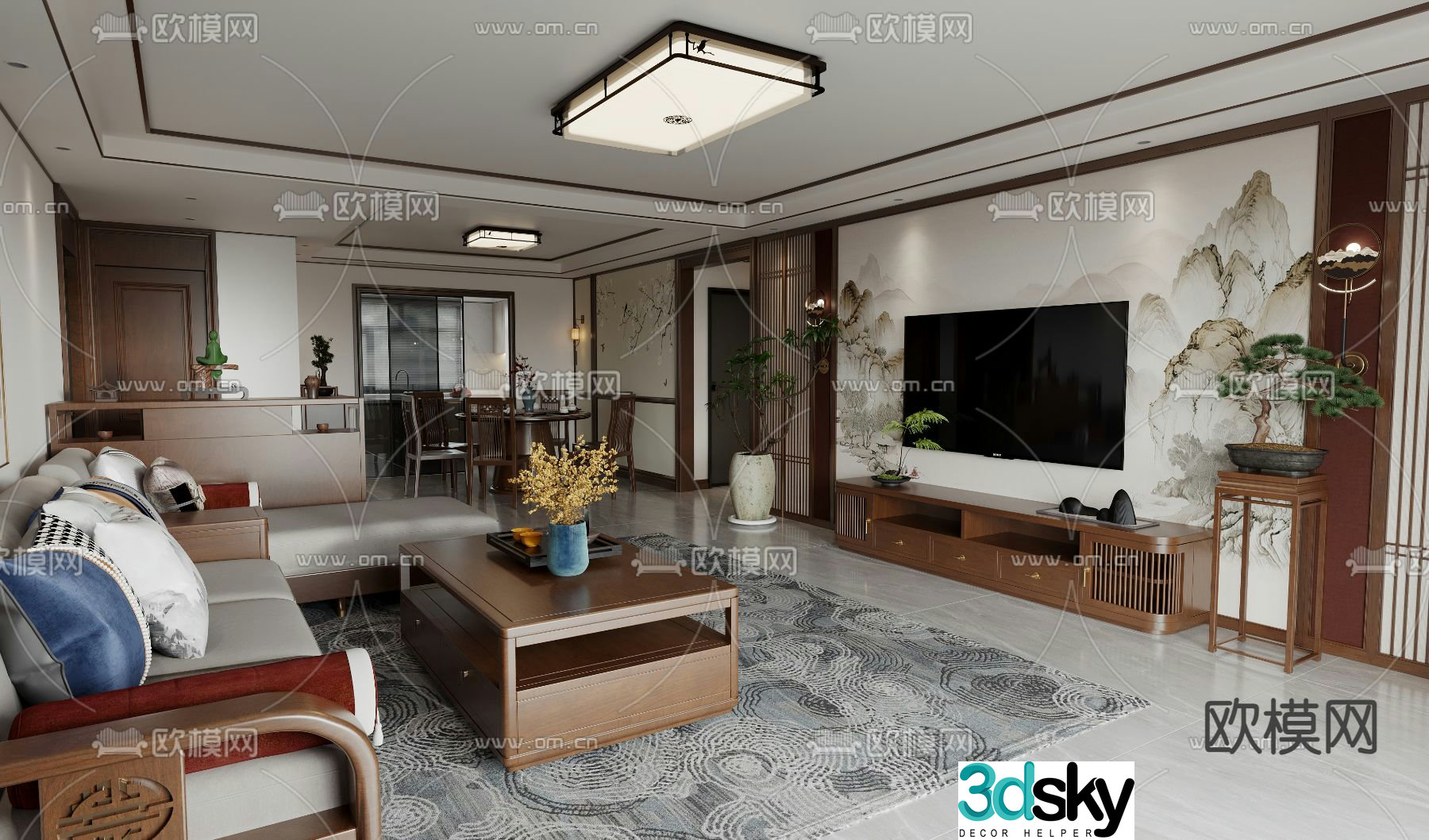 New Chinese style living and dining room 3D model