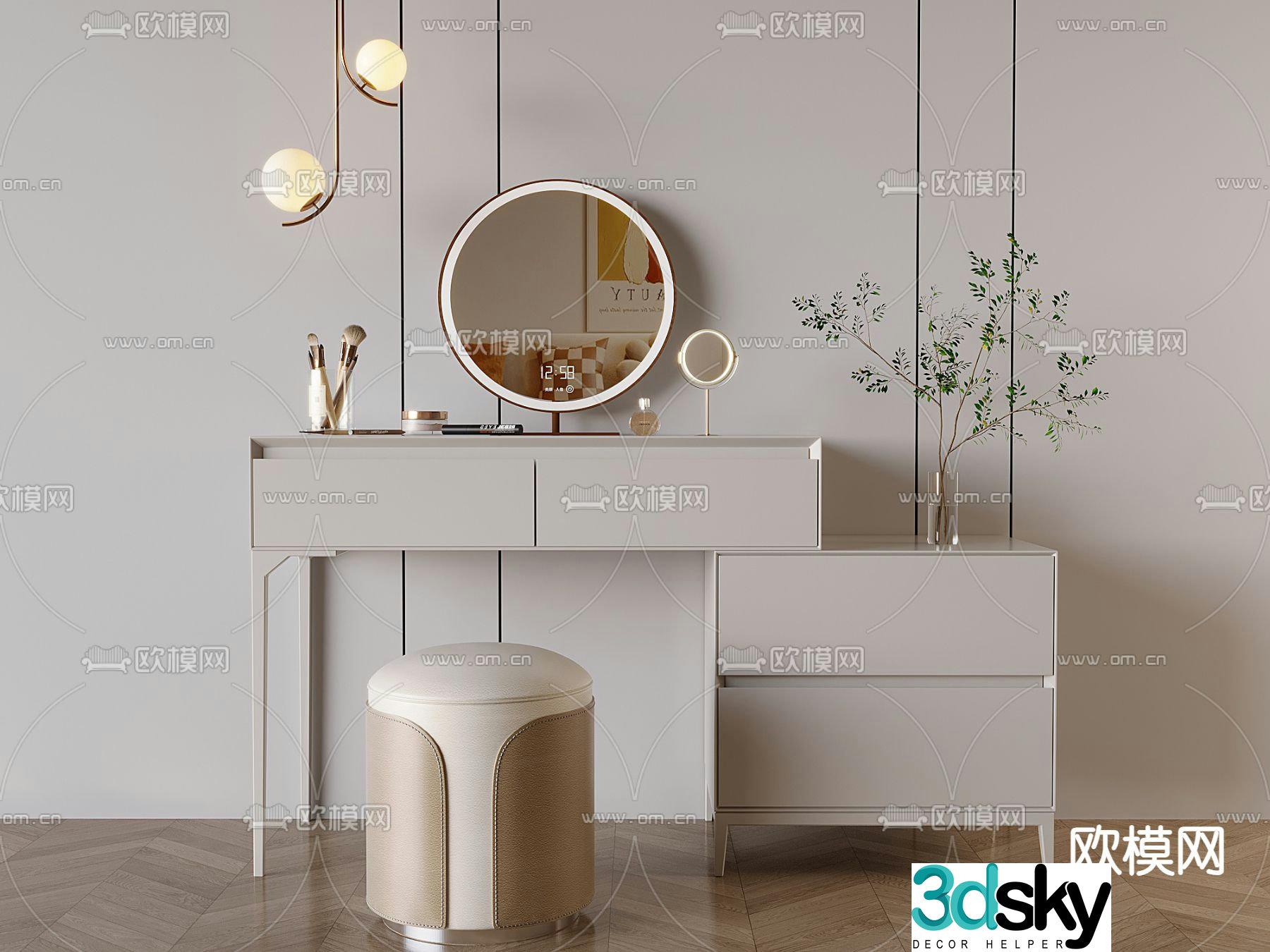 Modern dressing table milk tea color dressing table retractable dressing table 3d model