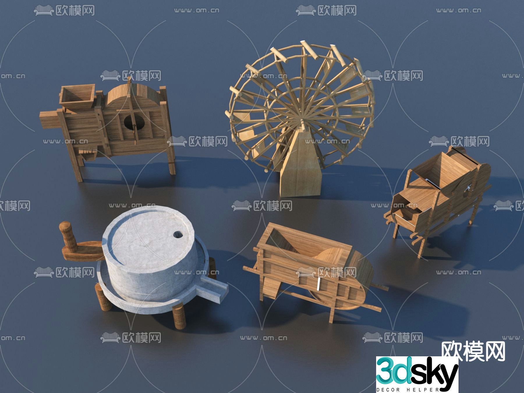 Chinese rural farming sketches 3D model of agricultural tools