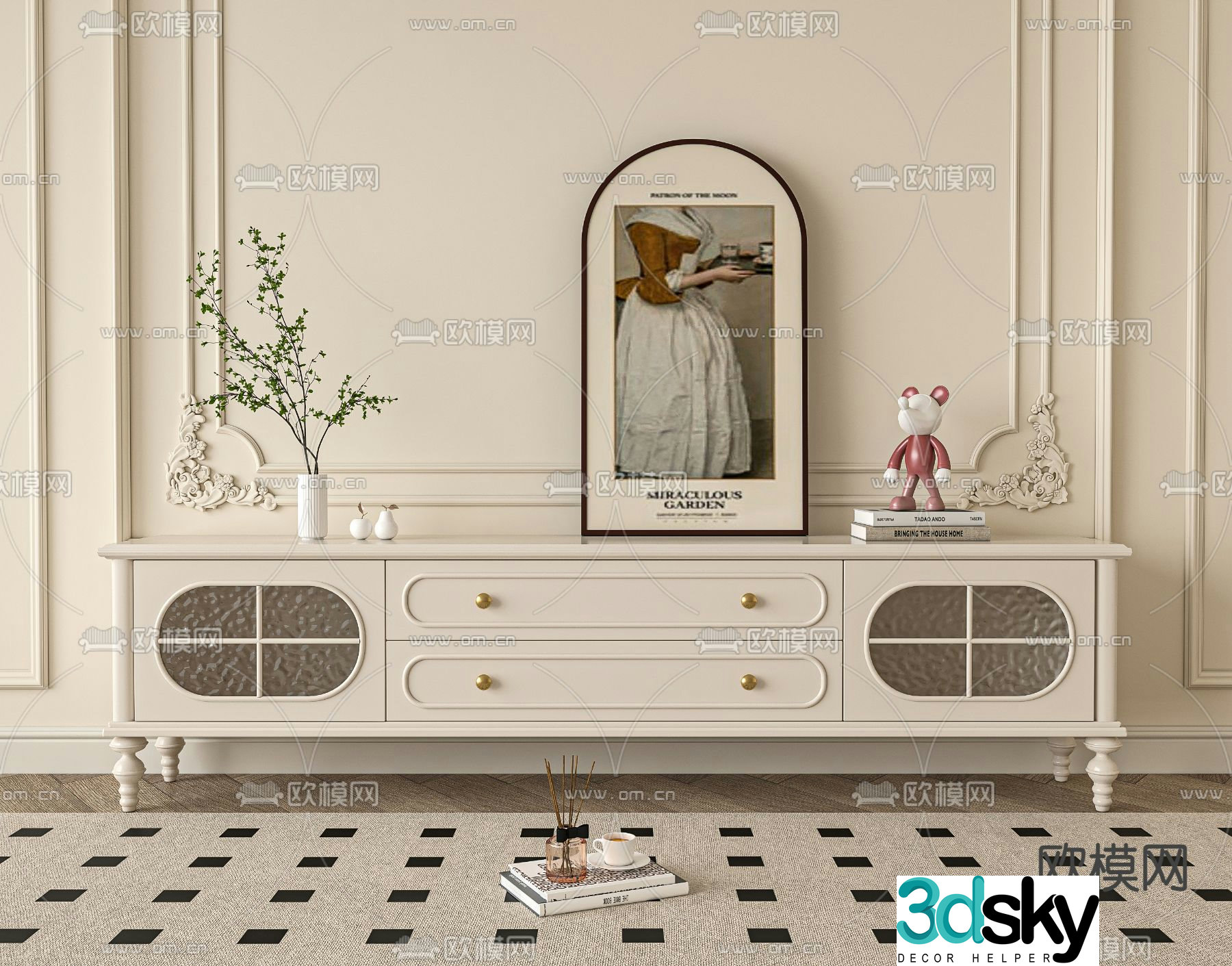 French TV cabinet Milk tea color TV cabinet Beige TV cabinet 3D model