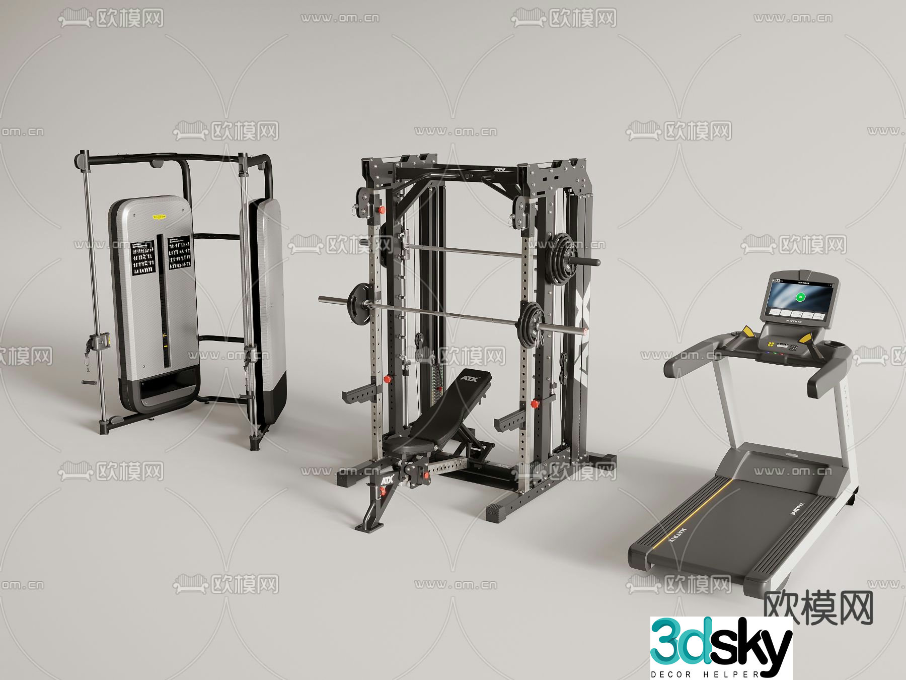 Fitness equipment barbell treadmill 3d model