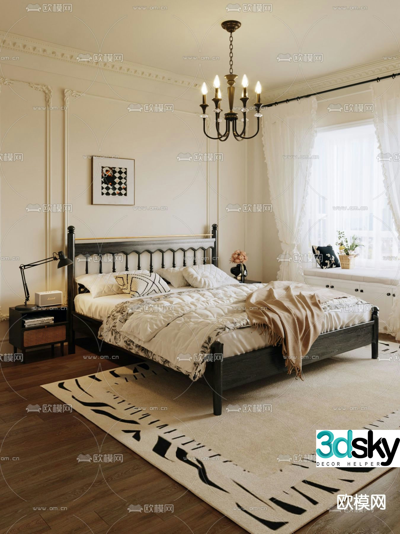 French double bed bed 3d model