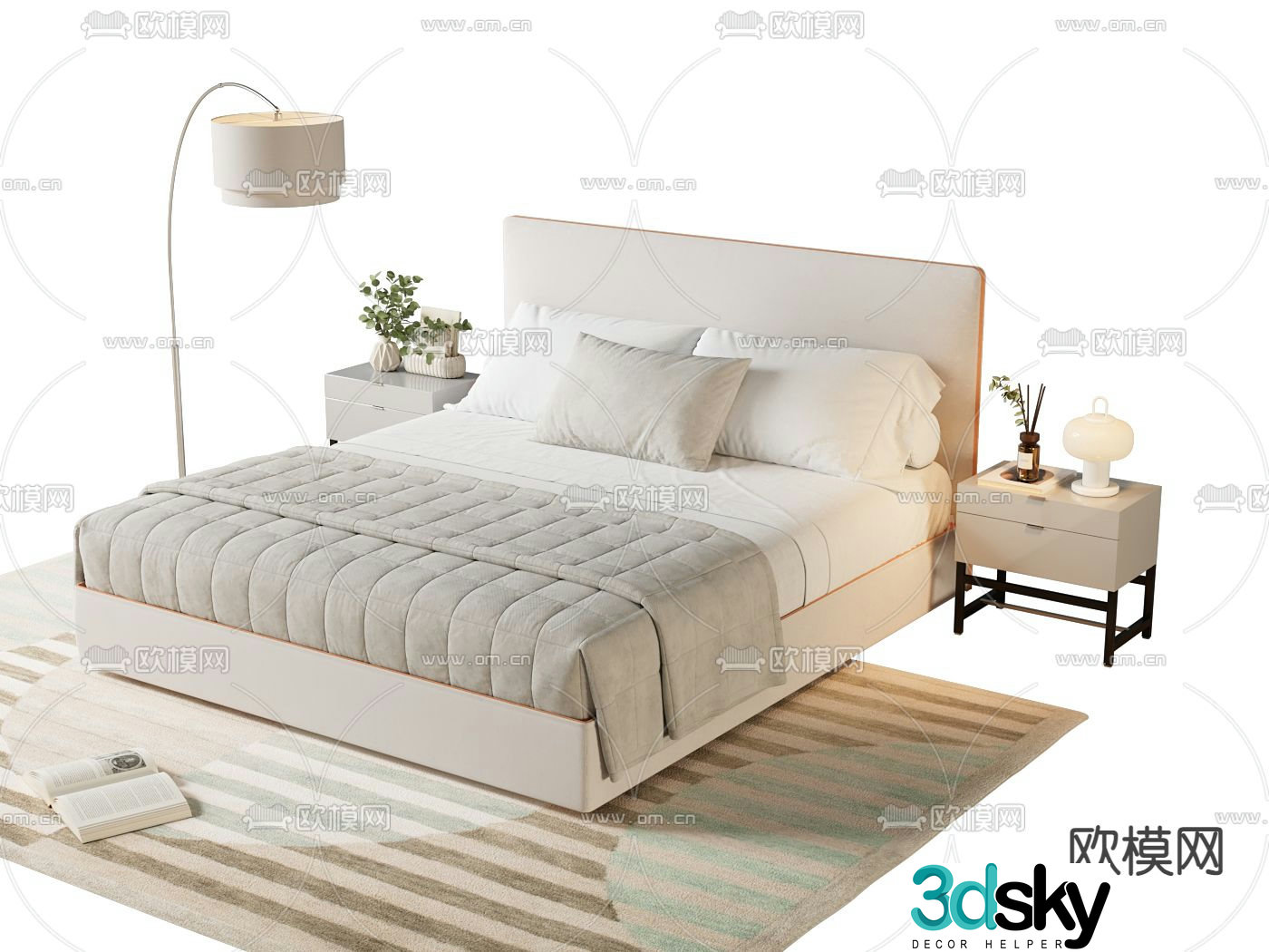 Cream style double bed 3d model