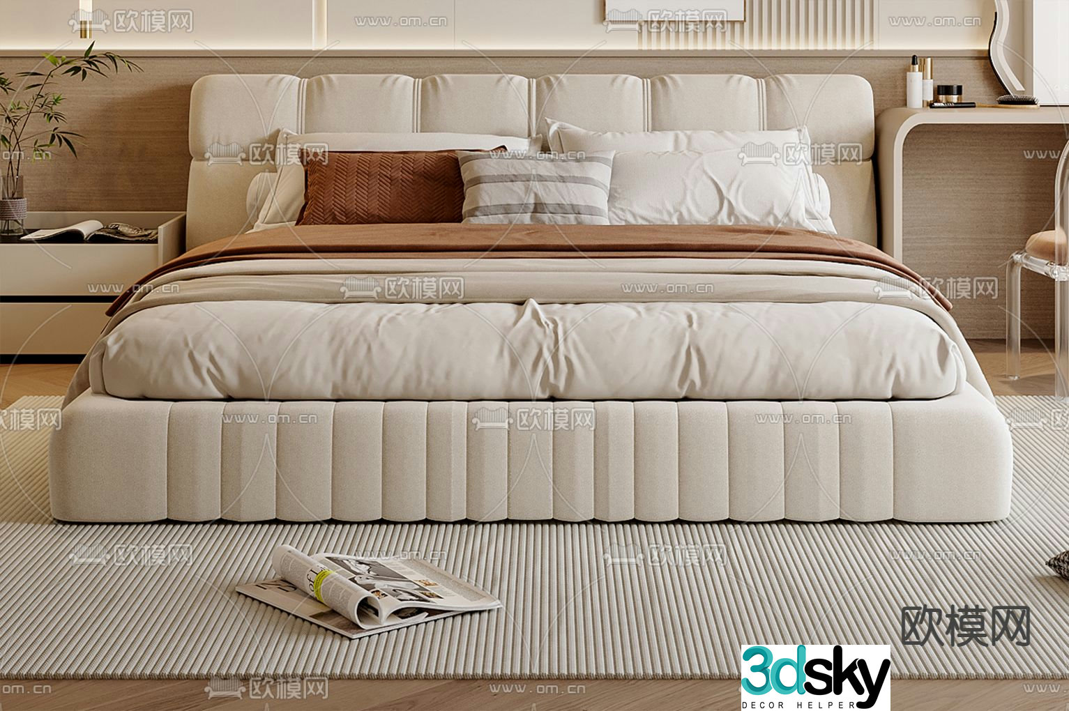 Cream style double bed 3d model