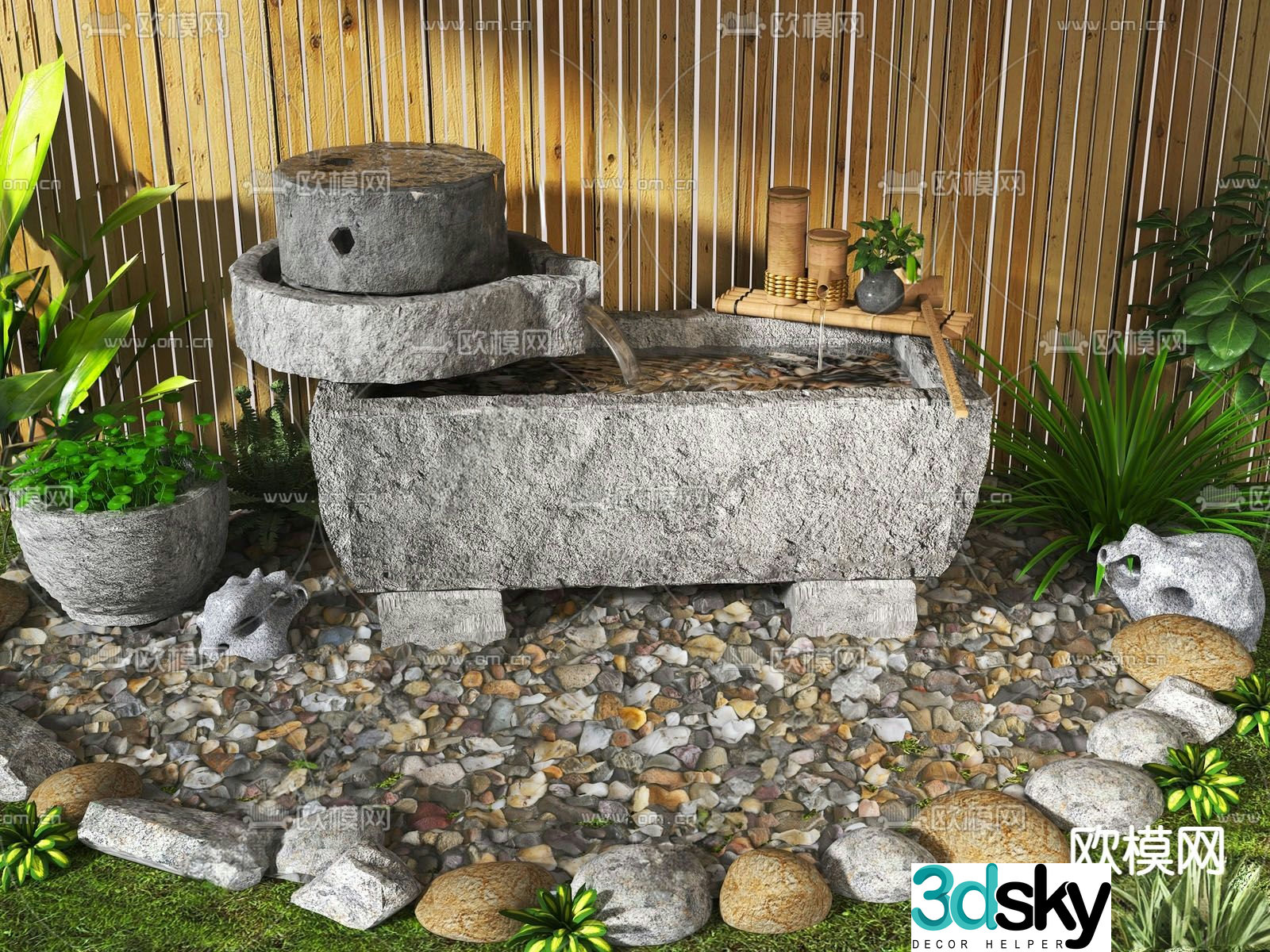 New Chinese style flowing water ornaments stone mortar water feature 3D model