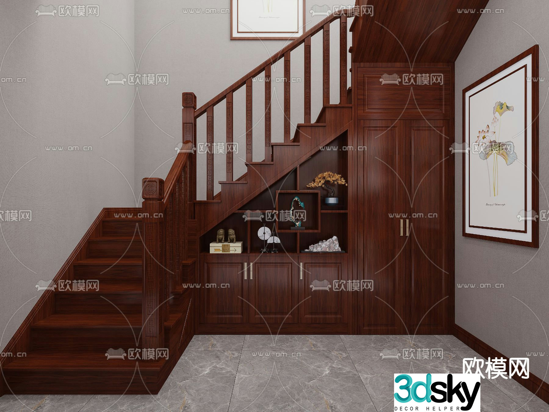New Chinese style handrail staircase mahogany staircase 3D model