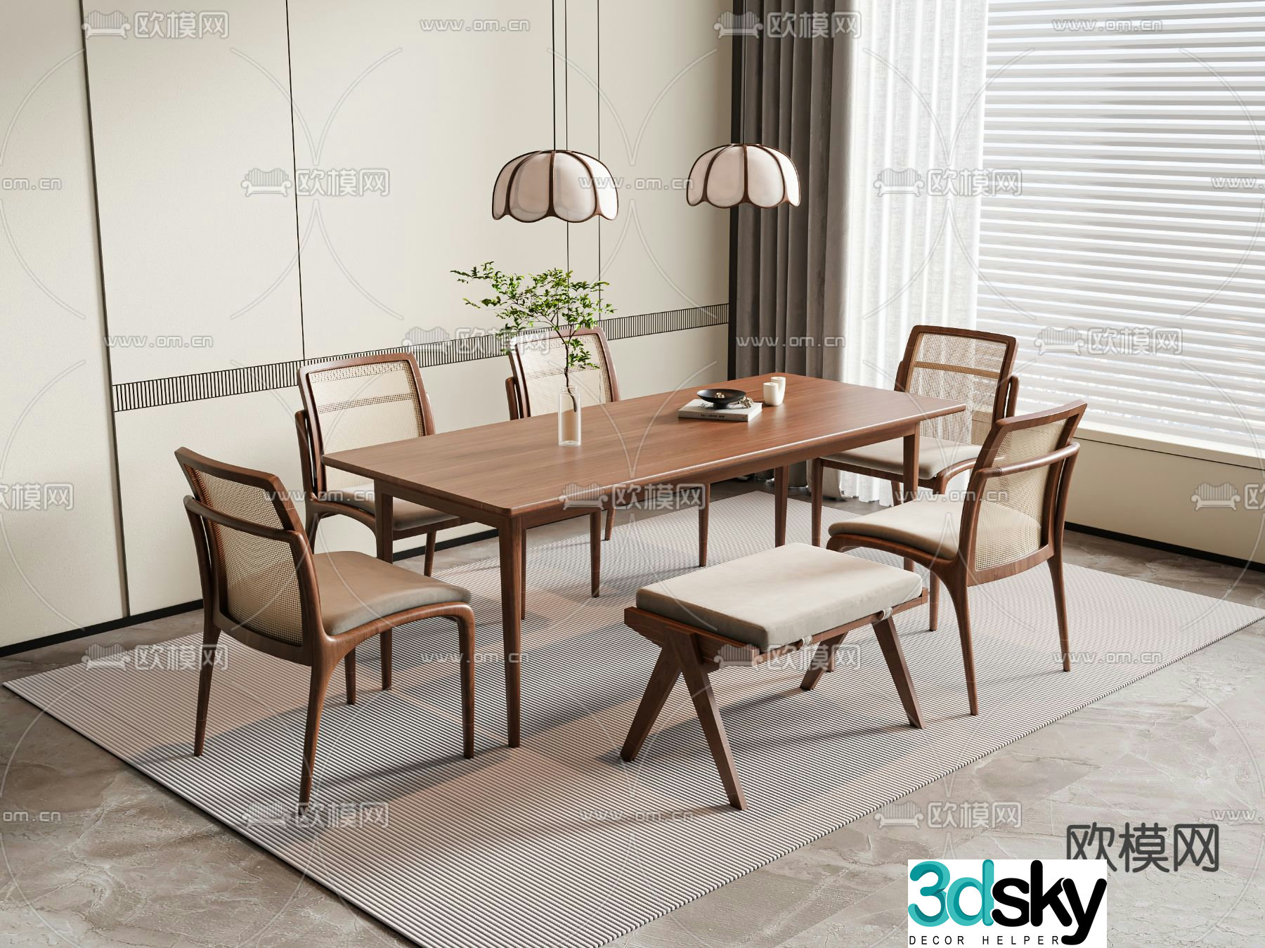 Wabi-sabi rectangular dining table and chairs 3d model