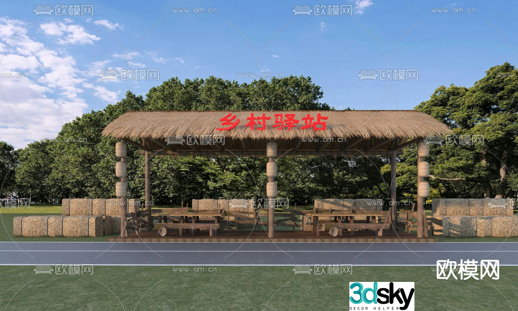 New Chinese style inn thatched pavilion 3D model