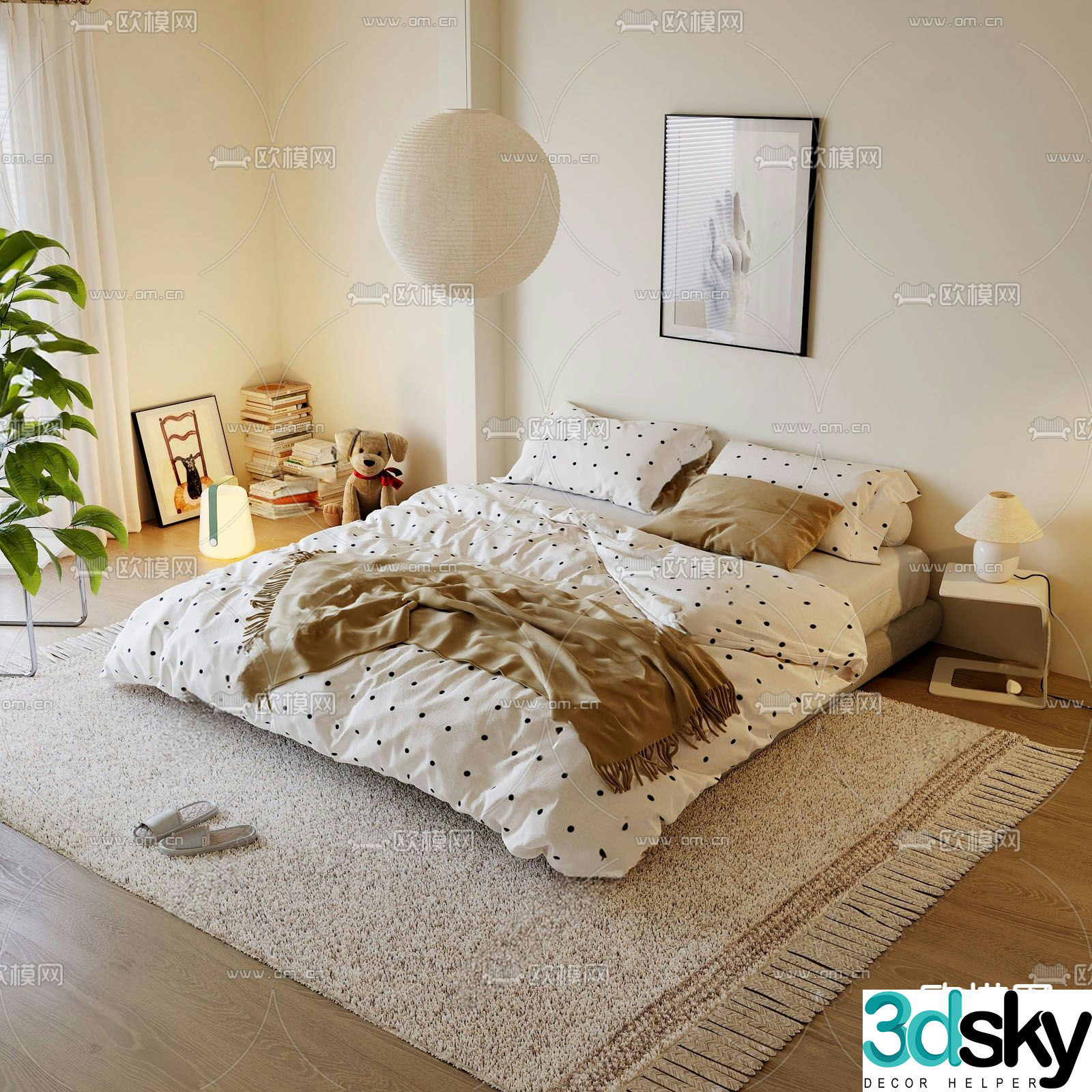 Cream style double bed 3d model