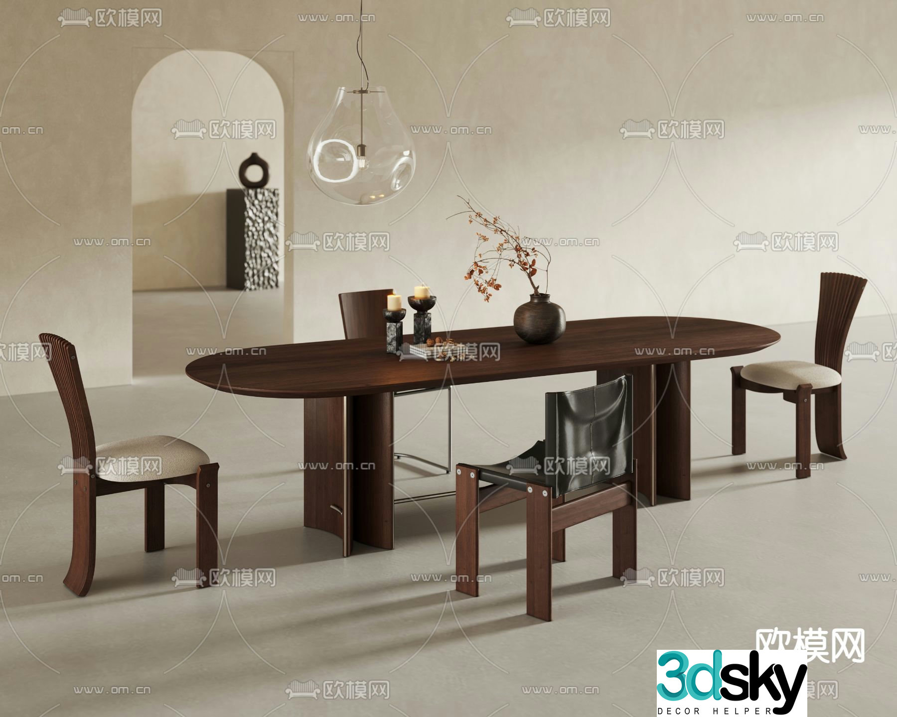Wabi-sabi style long dining table and chairs 3D model