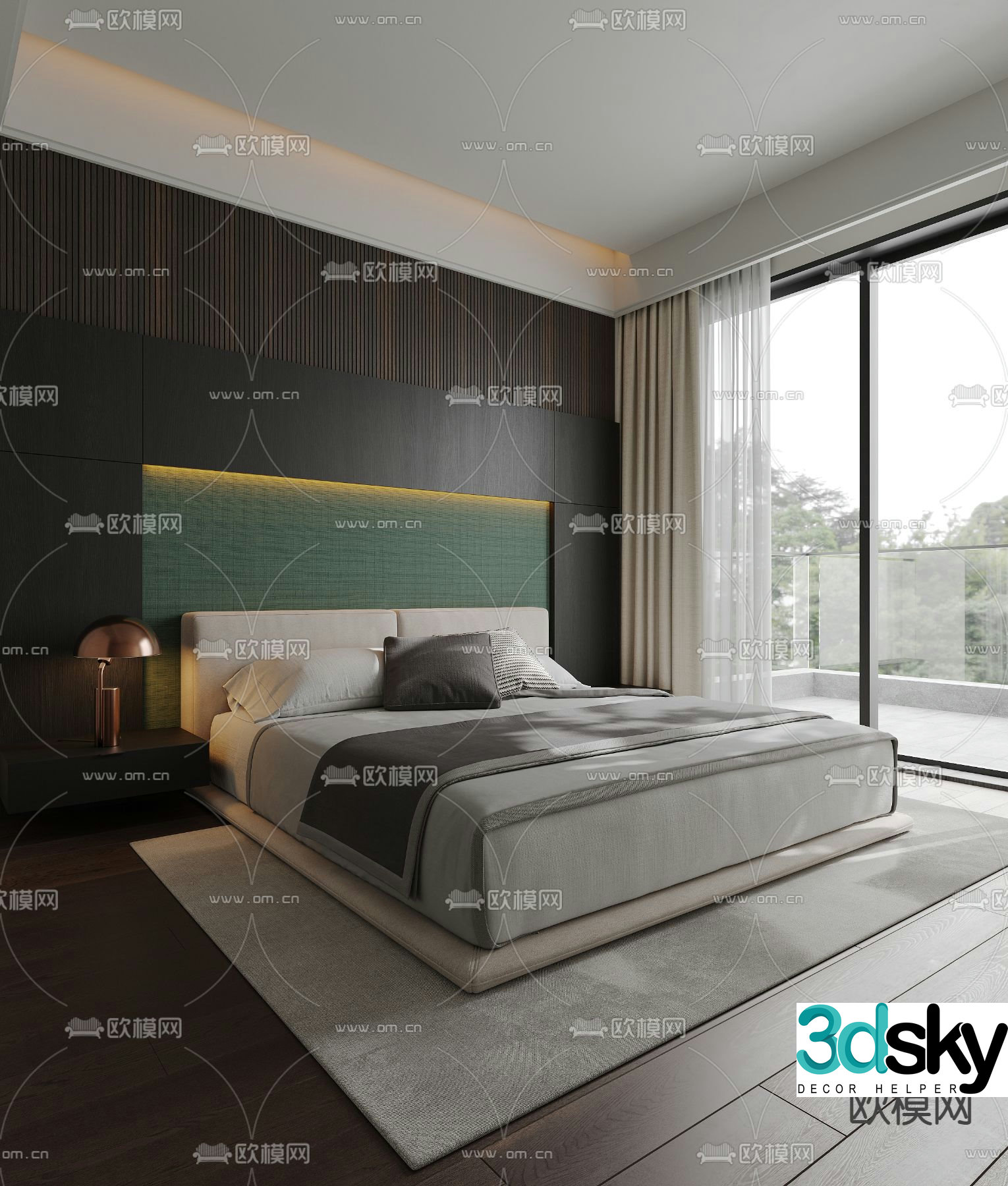 Minimalist double bed fabric bed 3d model