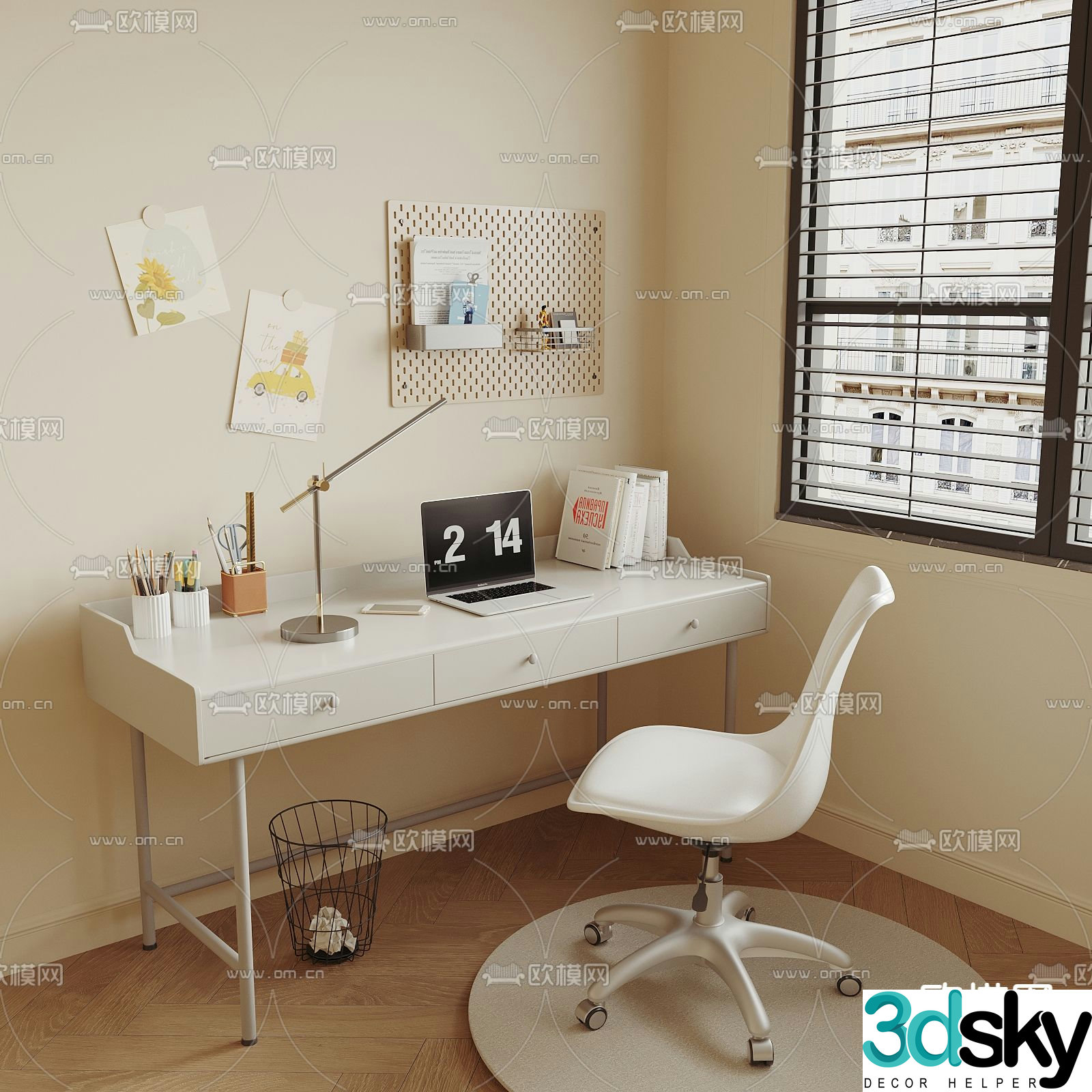 Cream style desk writing desk study table 3d model