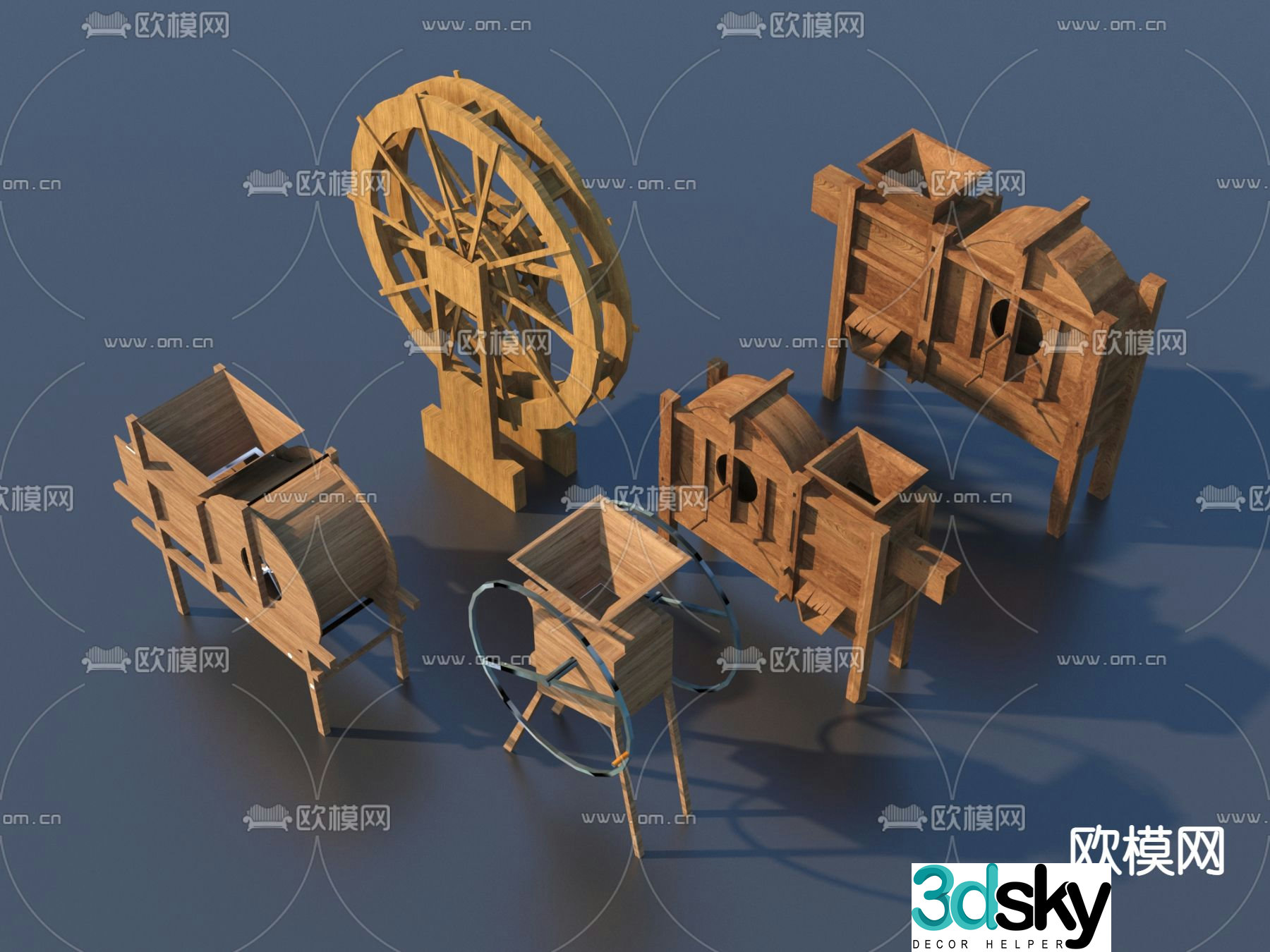 Chinese farming sketch wooden farm tools 3D model