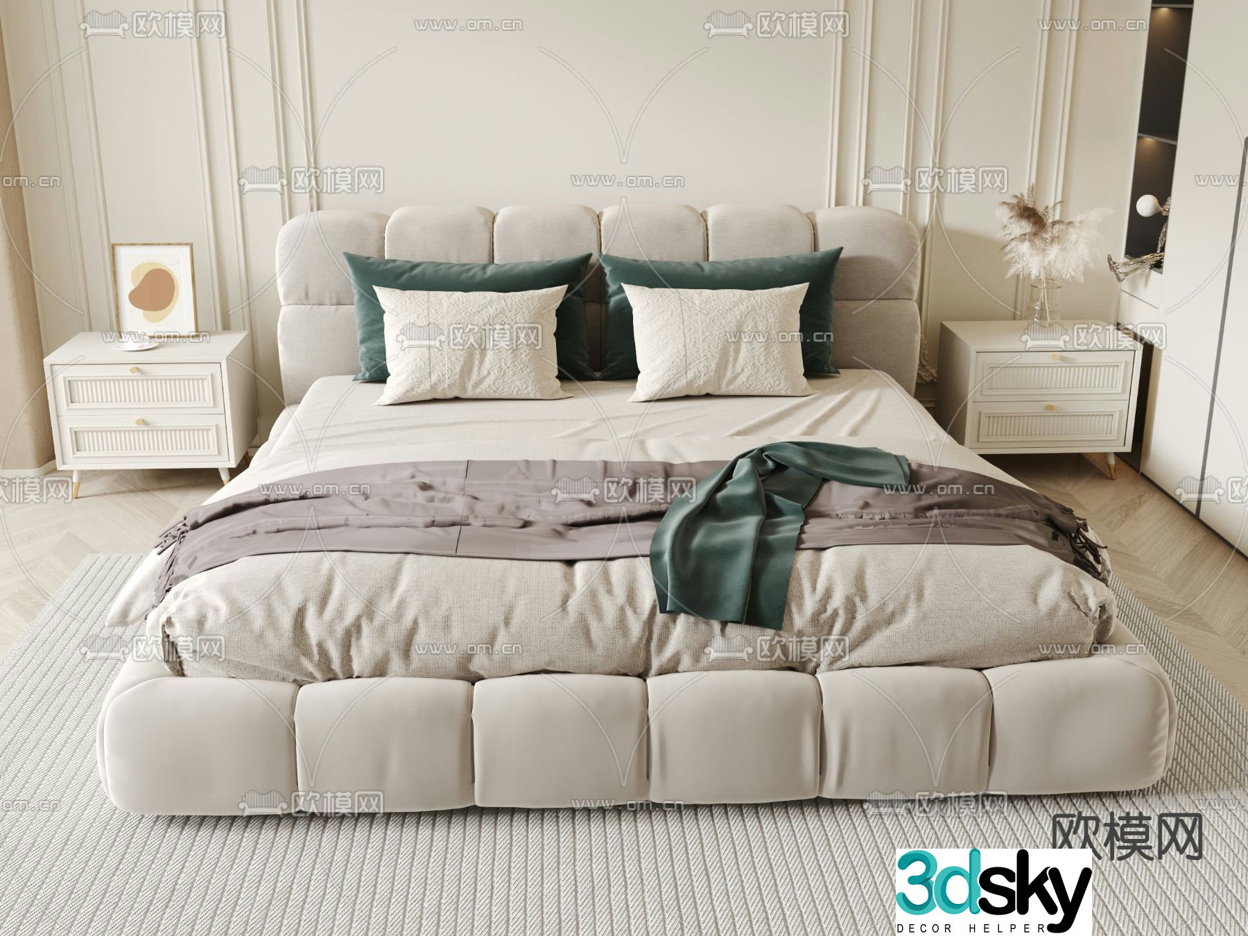 Cream style double bed 3d model