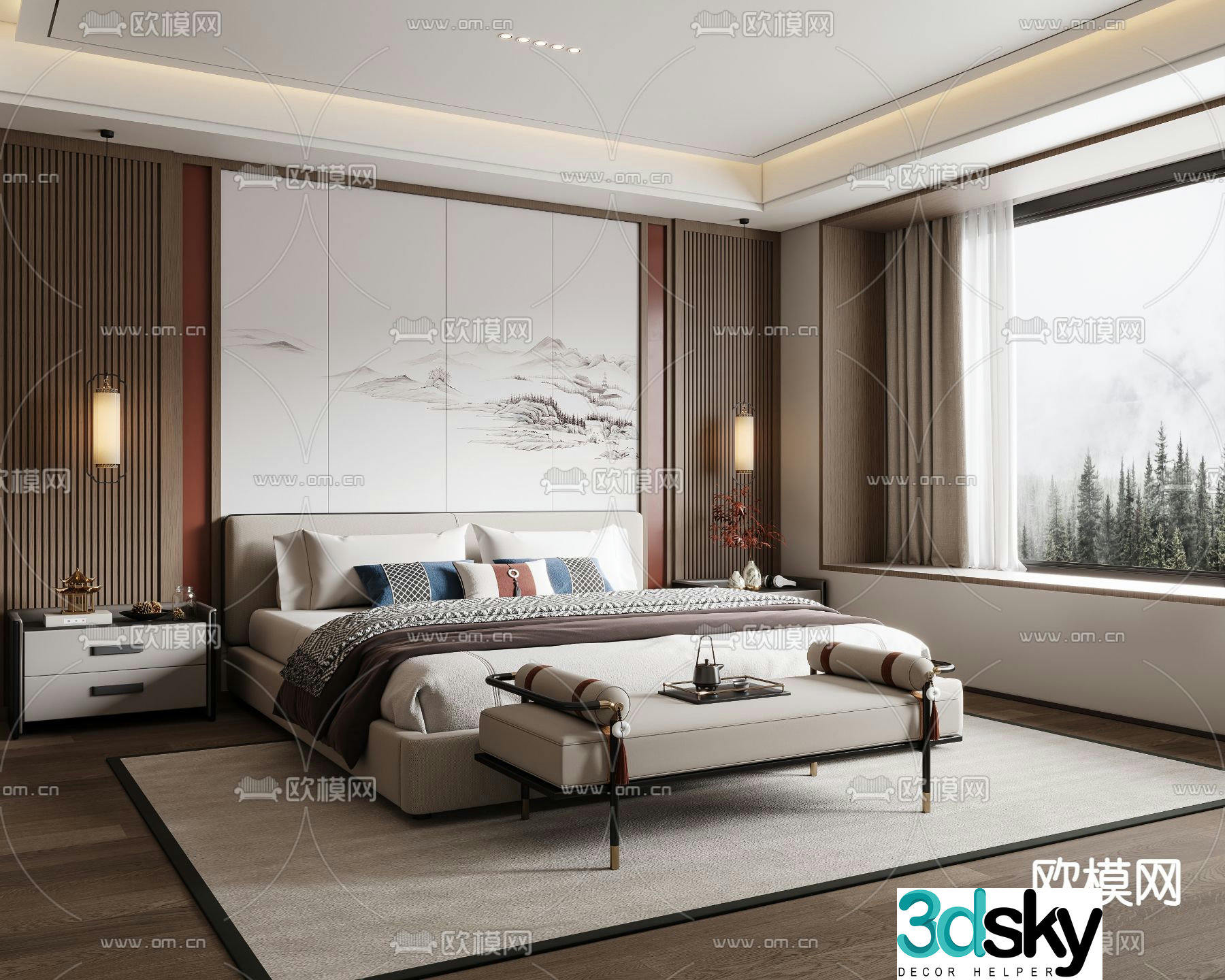 New Chinese style bedroom double bed fabric double bed 3d model
