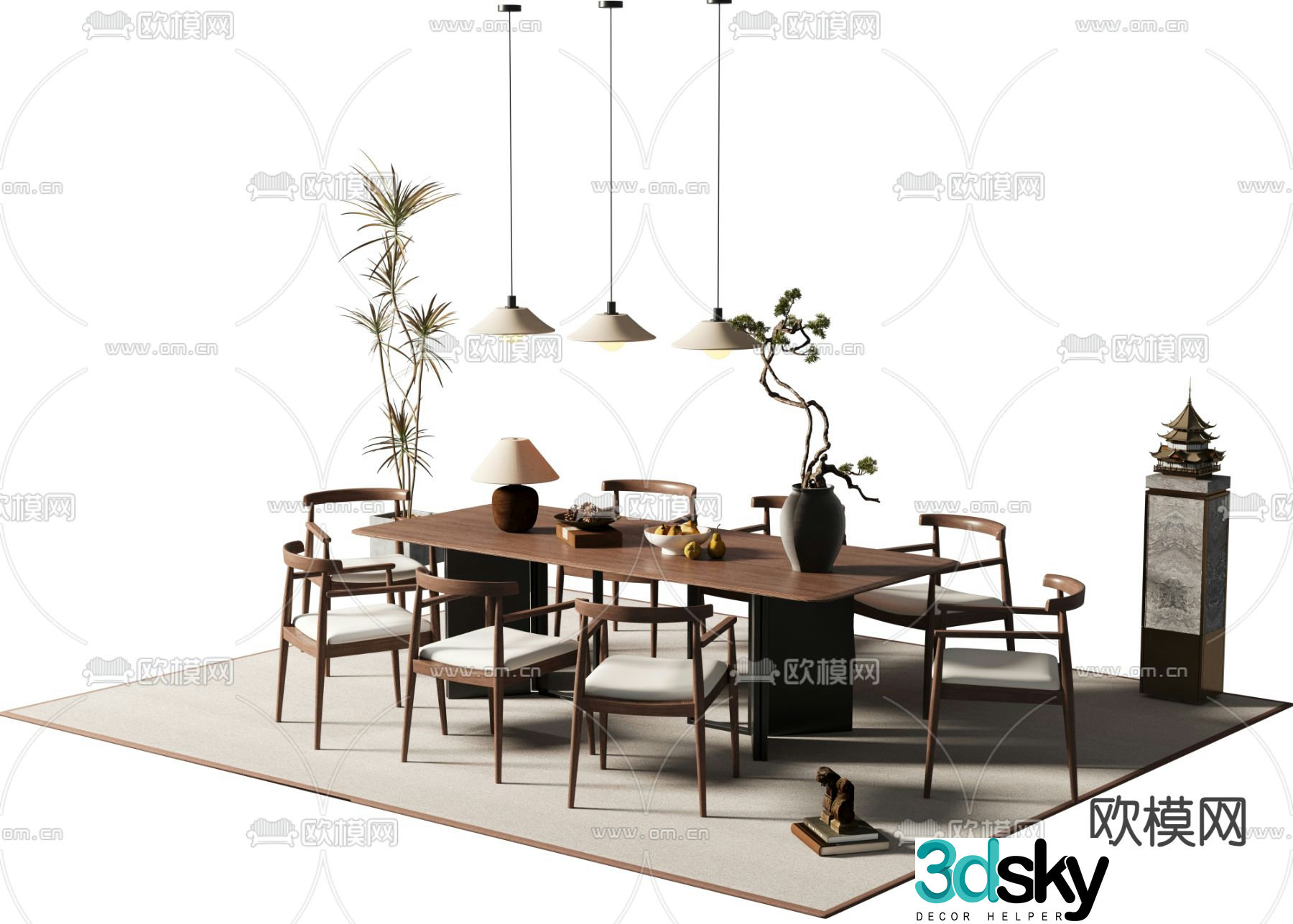 New Chinese dining table and chairs strip dining table 3D model