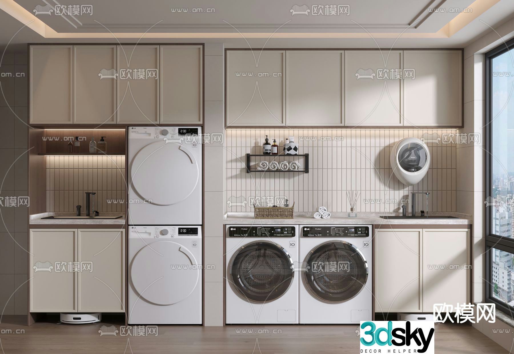 Middle style balcony cabinet washing machine cabinet 3d model