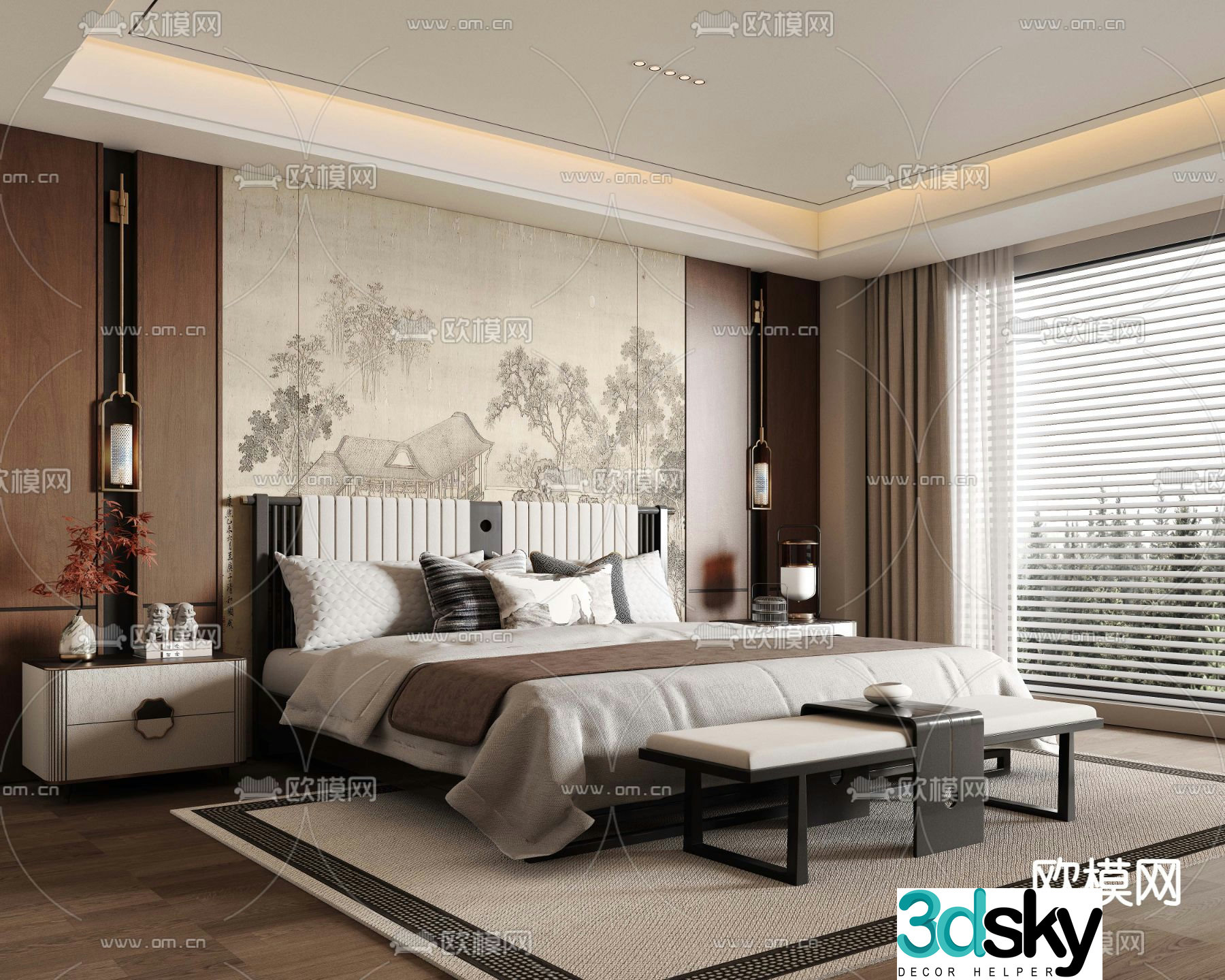 New Chinese style double bed 3d model