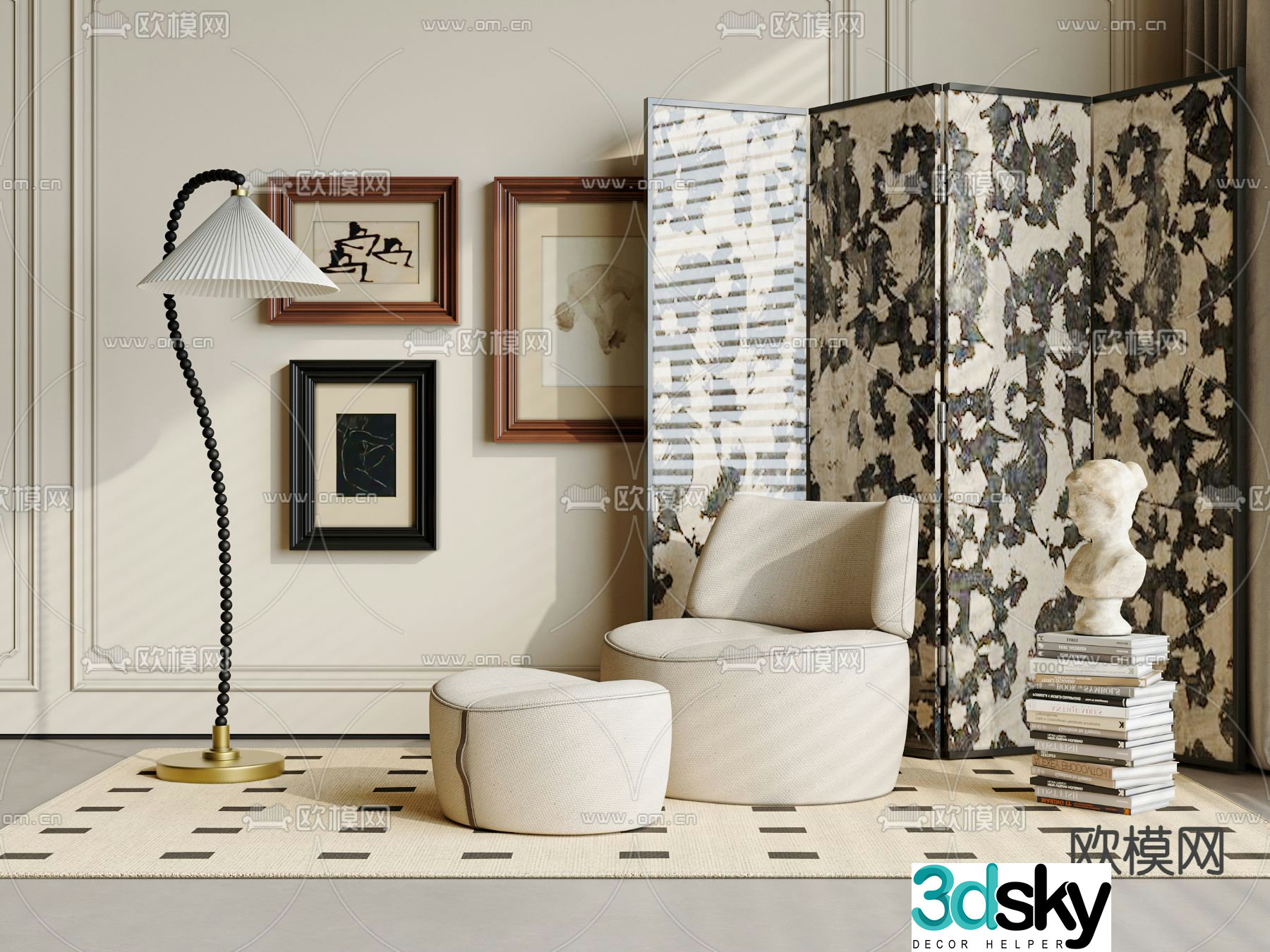 French casual sofa footrest 3d model