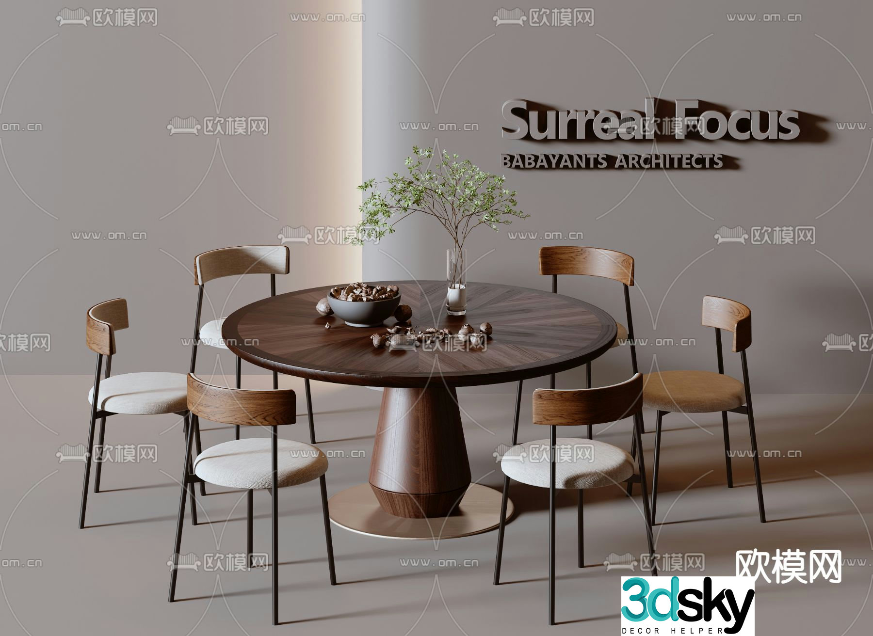 Medieval style dining table and chairs round dining table 3D model
