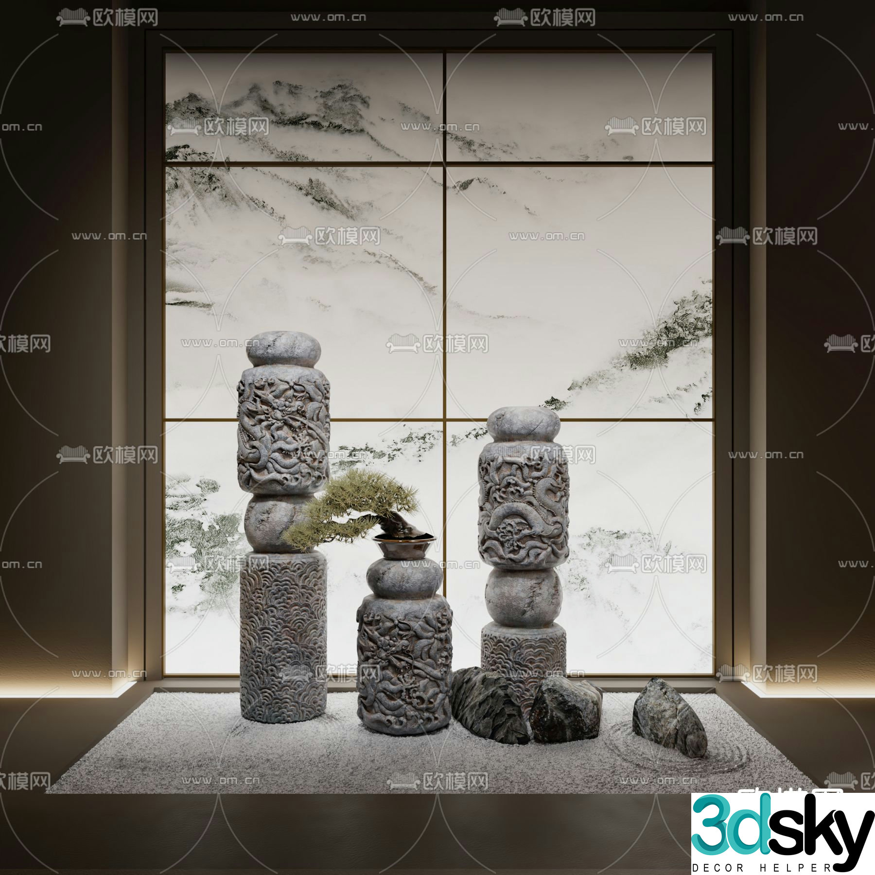New Chinese style carved stone pillar Shuanma stone 3D model