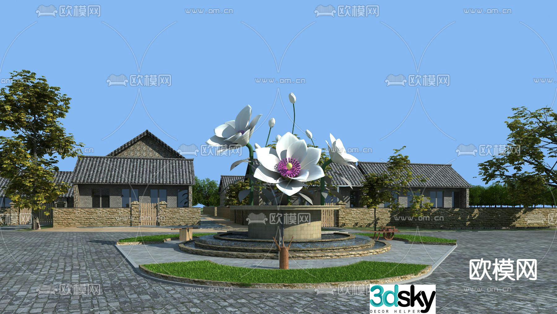 New Chinese-style sculpture lotus sculpture landscape sculpture 3D model