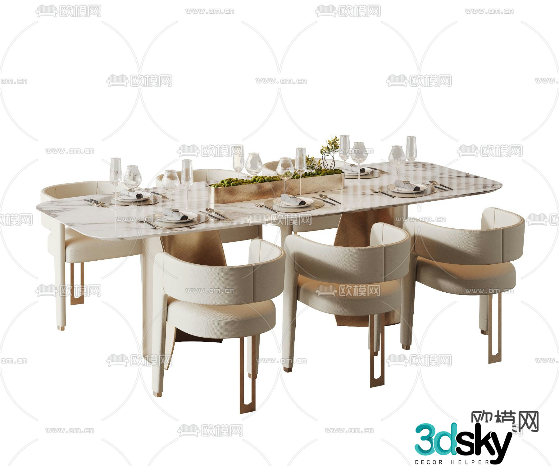 Light luxury dining table and chairs 3D model