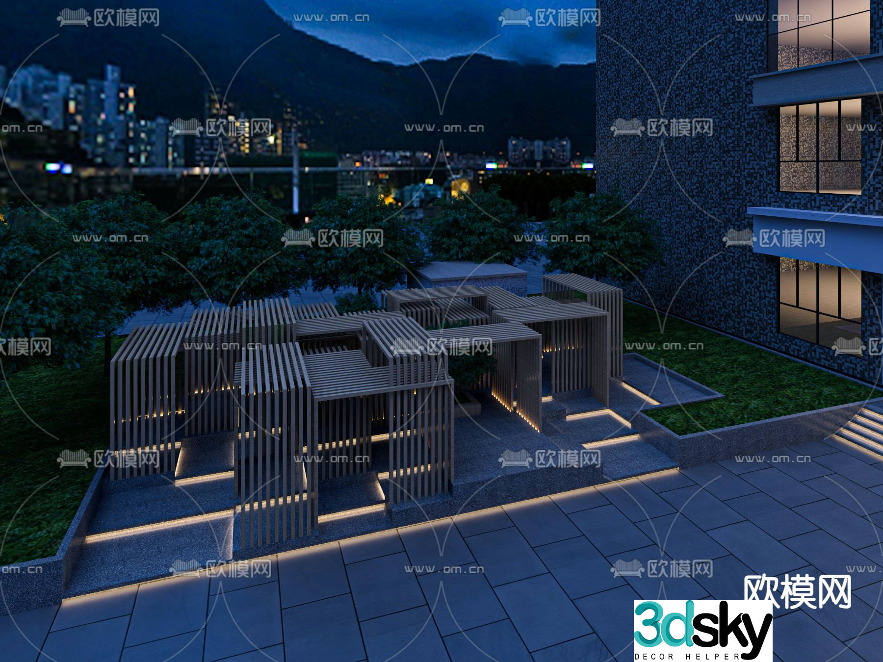 Courtyard landscape rest pavilion night view 3d model