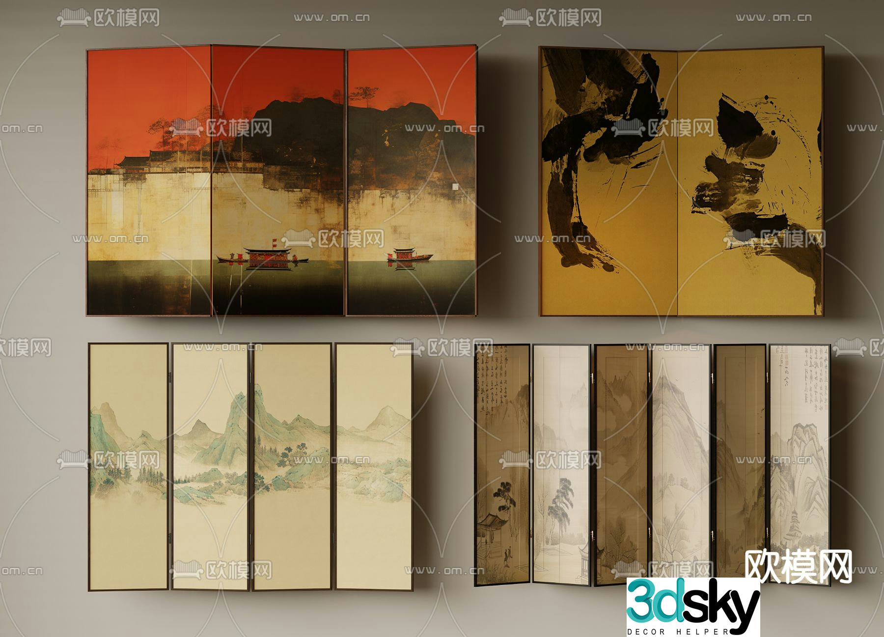 New Chinese-style screen partition Folding screen 3D model