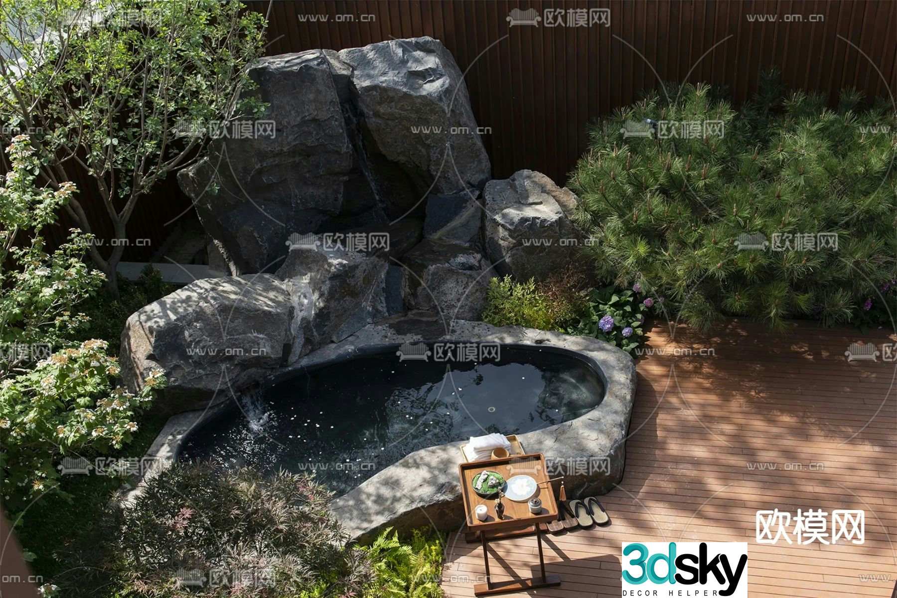 Japanese garden water feature hot spring pool 3D model