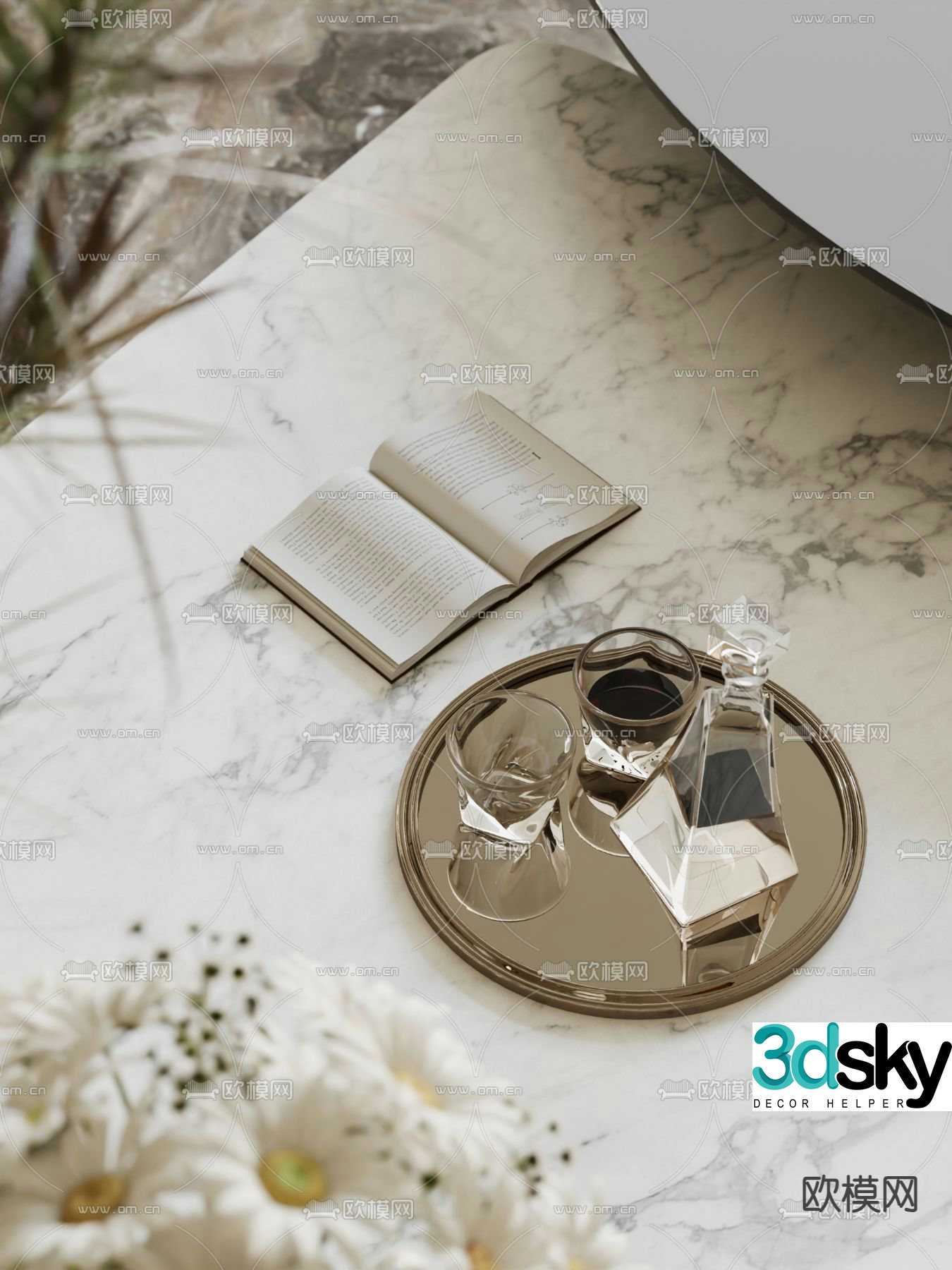 Beverage Tray Wine Set Desktop Decoration 3D Model