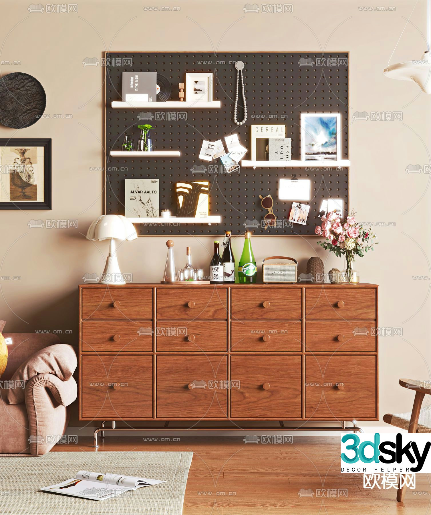 Middle-aged style chest of drawers sideboard 3D model