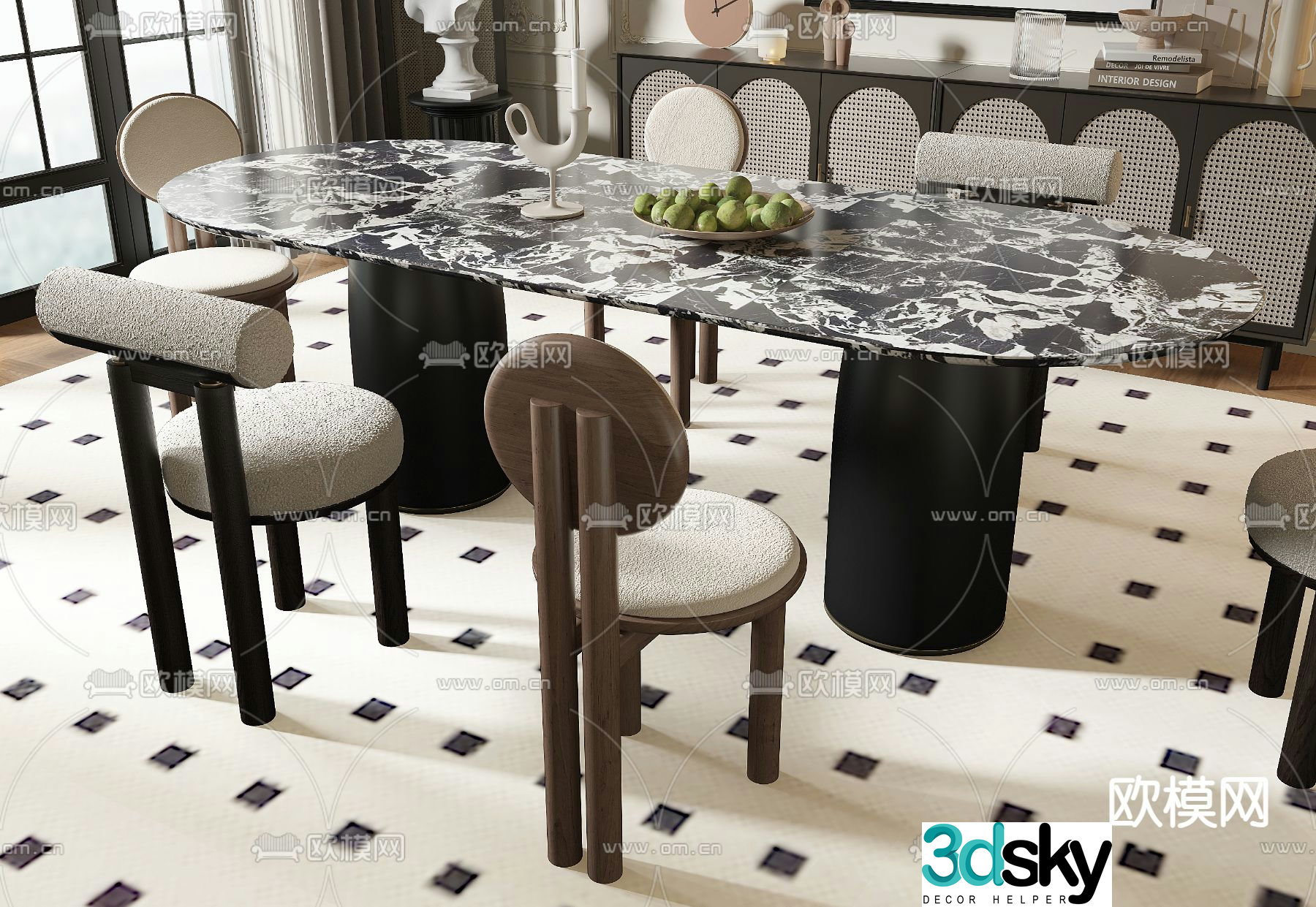 French dining table and chairs 3d model