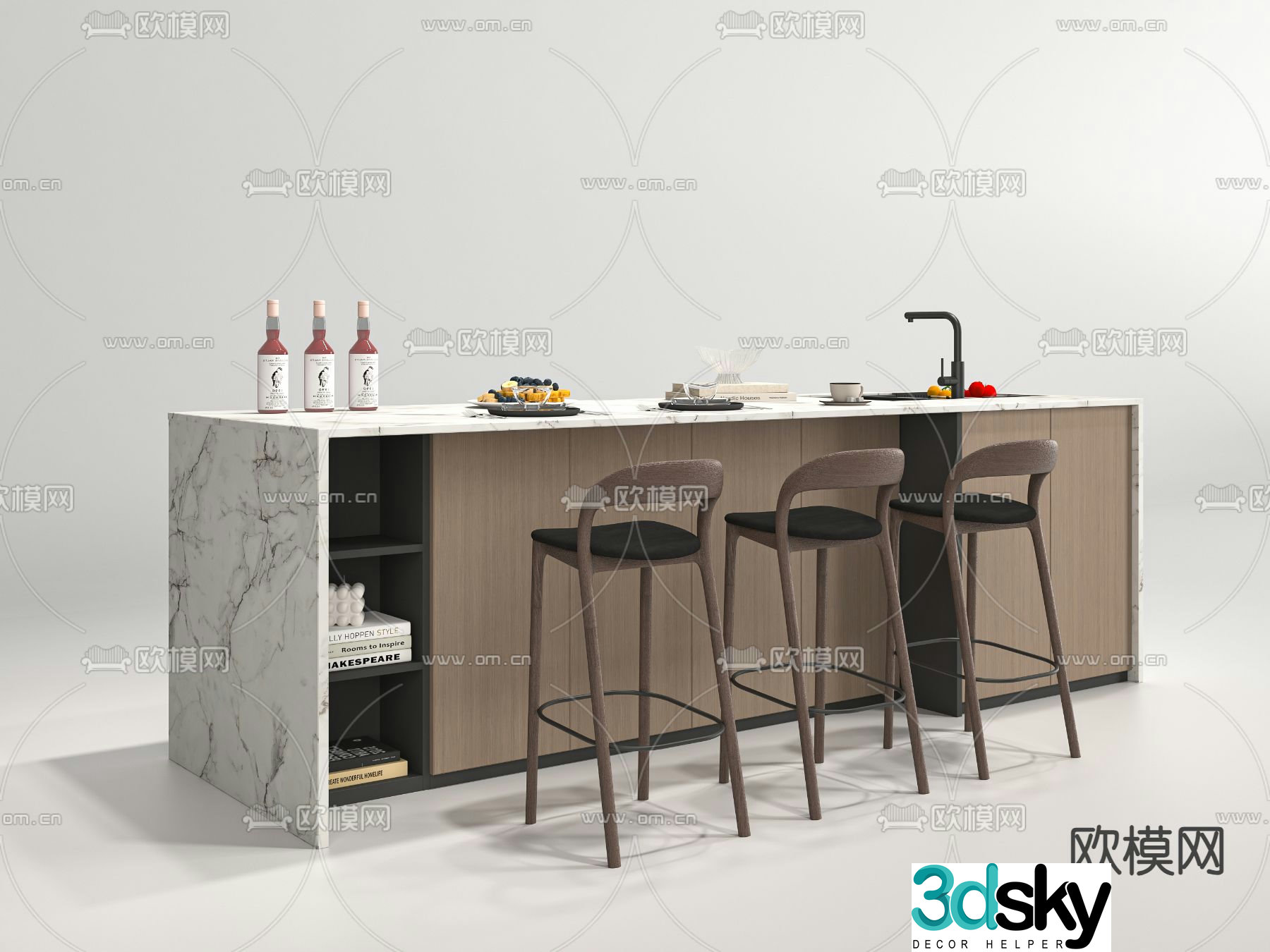 Bar island dining table and chairs 3d model