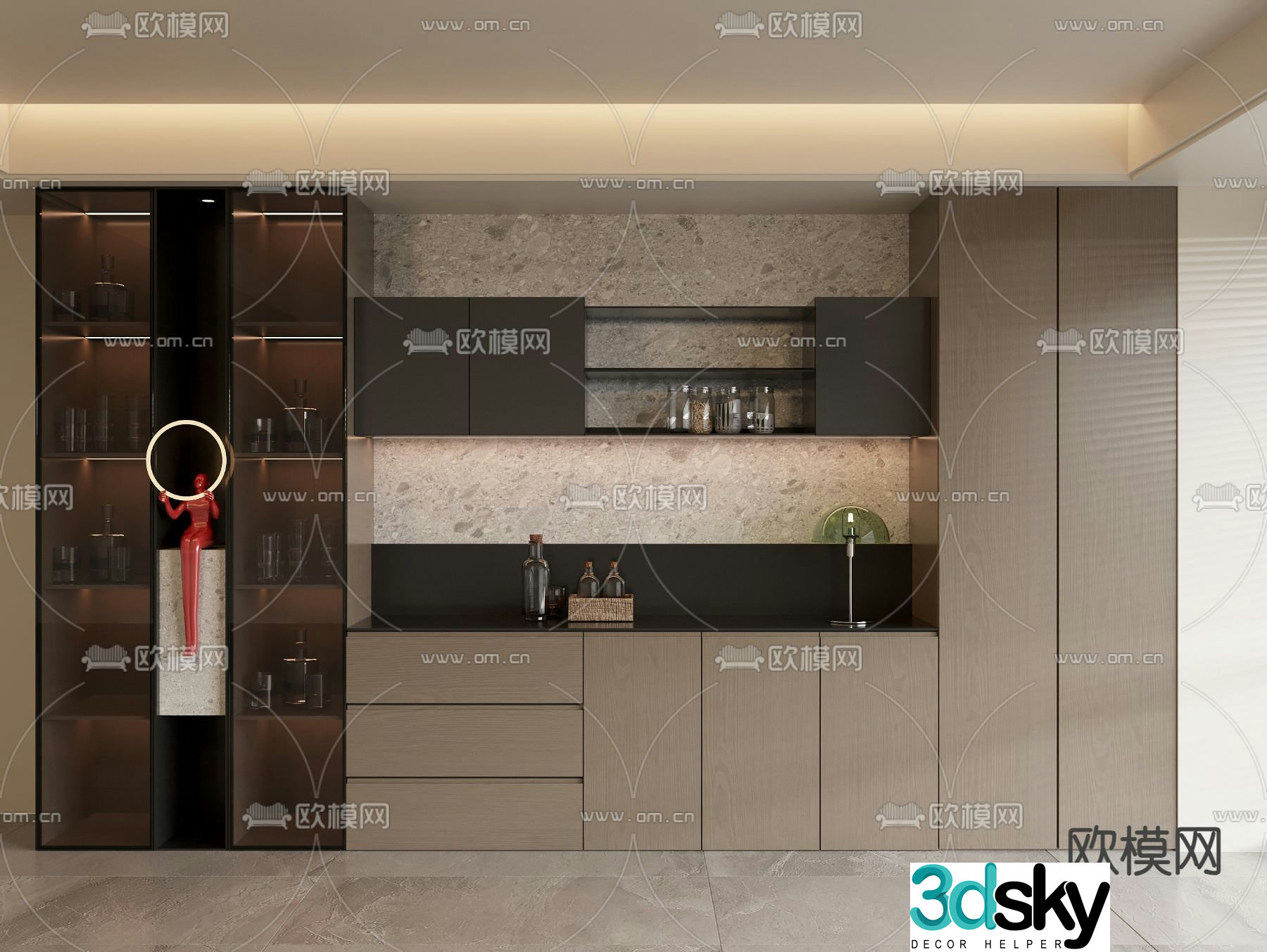Solid wood sideboard glass wine cabinet 3d model