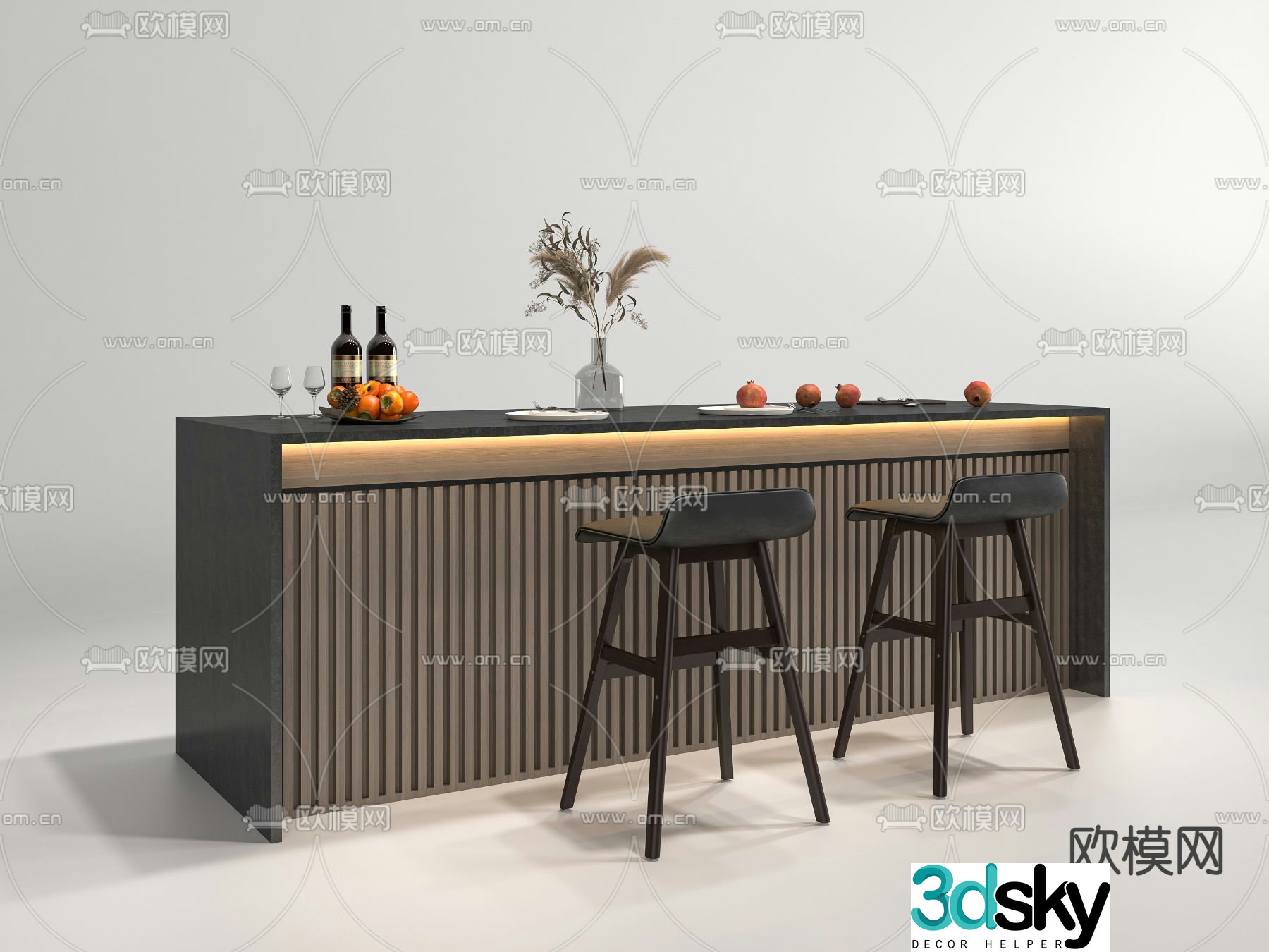 Bar island dining table and chairs 3d model