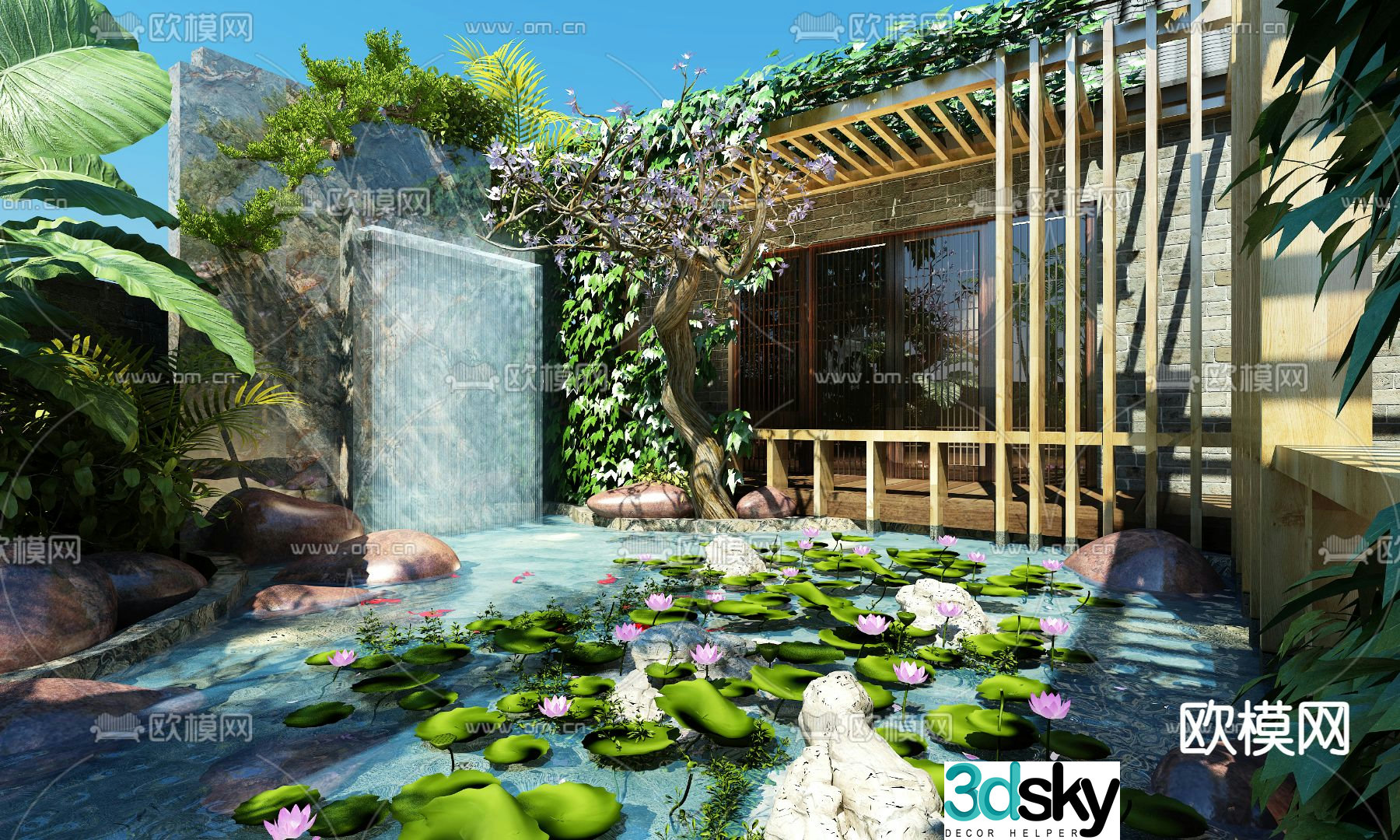 Rooftop garden landscape pool anticorrosive wood corridor 3D model