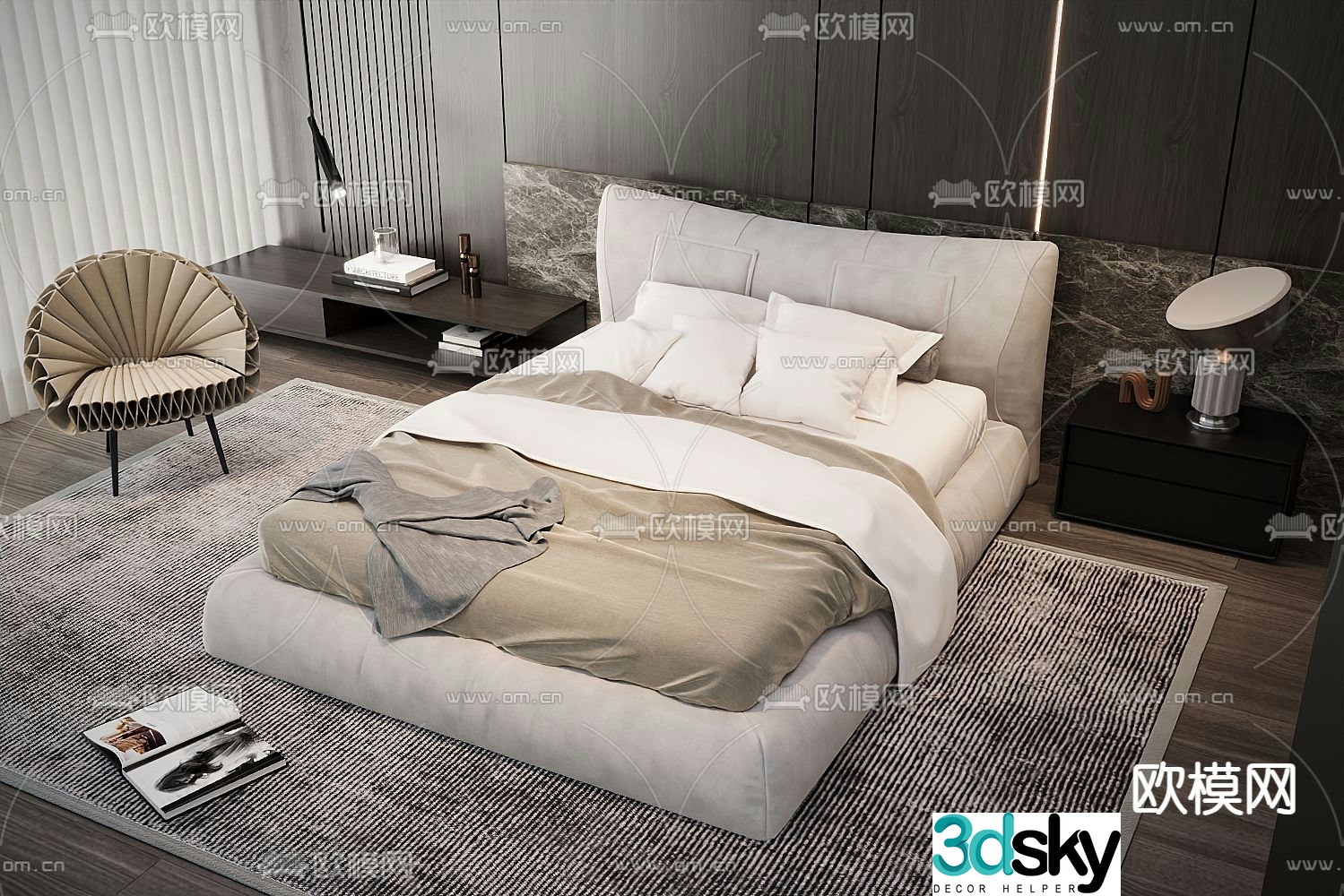 Modern double bed fabric bed 3d model