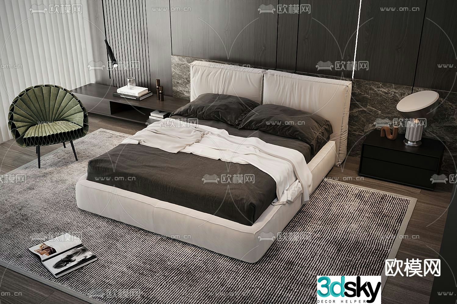Modern double bed fabric bed 3d model