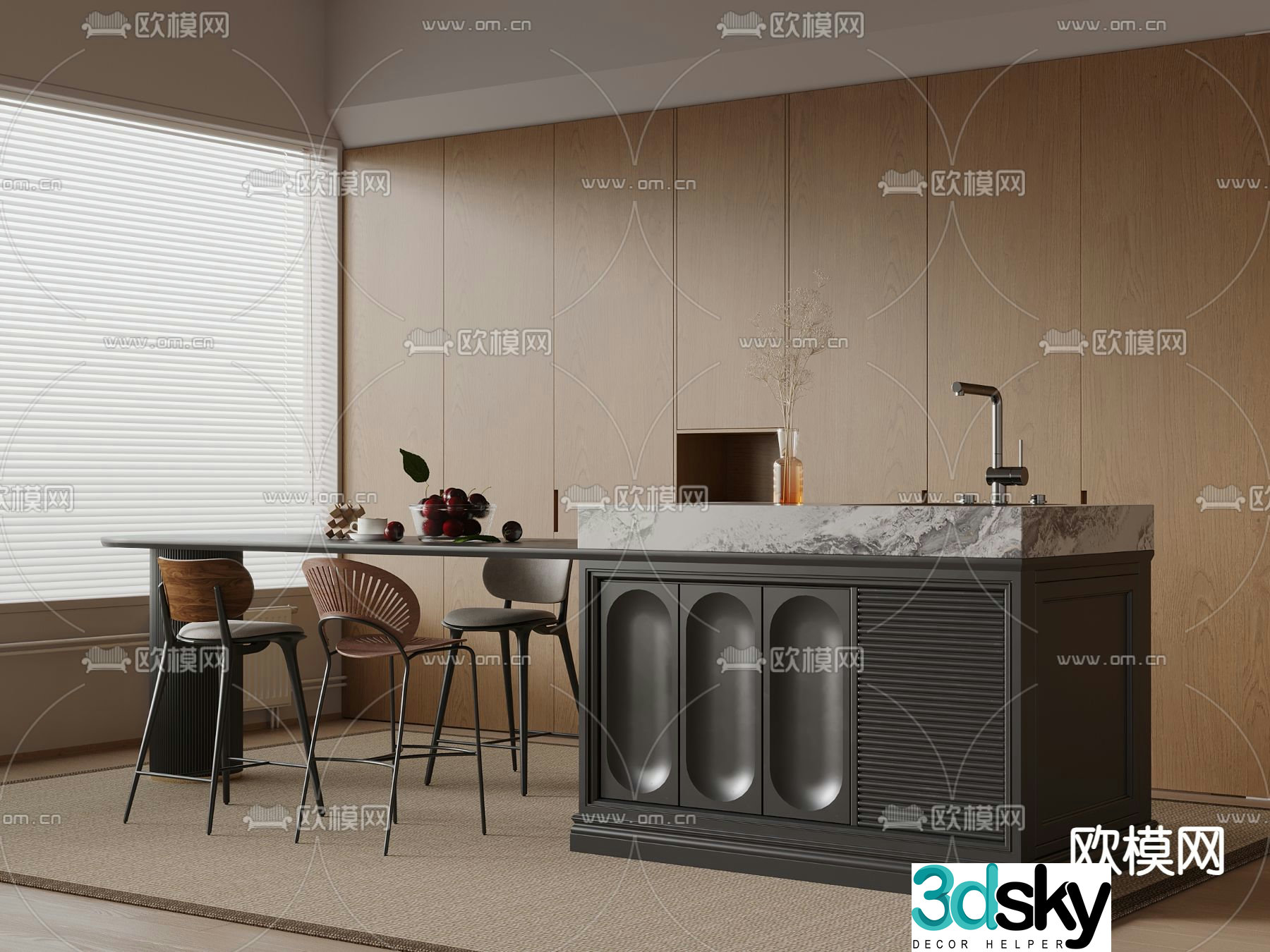 Middle style dining table and chairs Island dining table 3D model