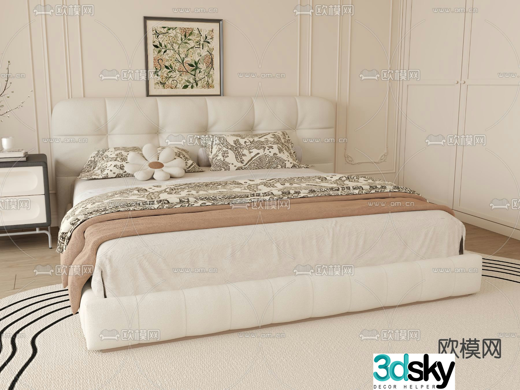 Cream style double bed 3d model