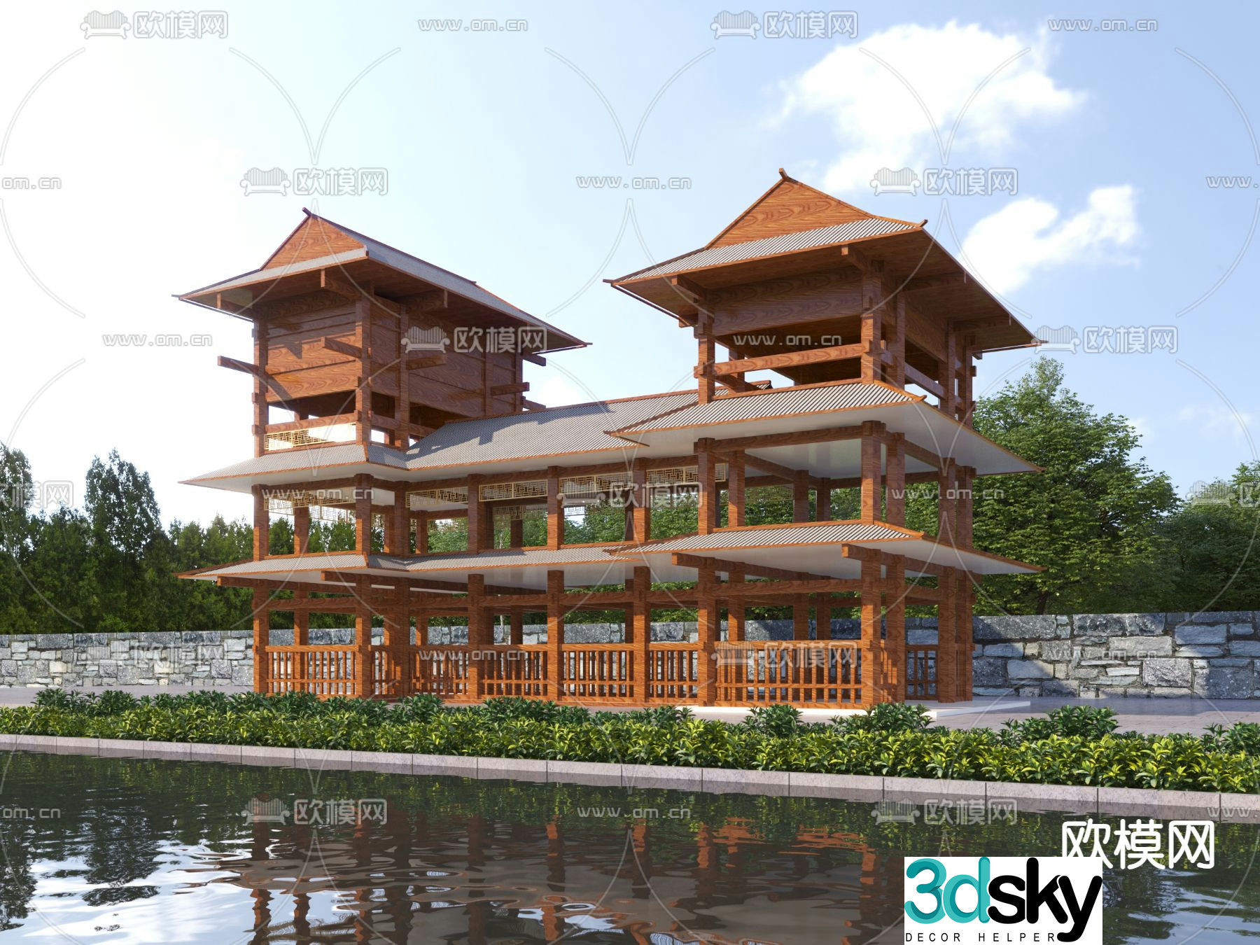 Chinese style gallery pavilion ancient building gallery 3D model